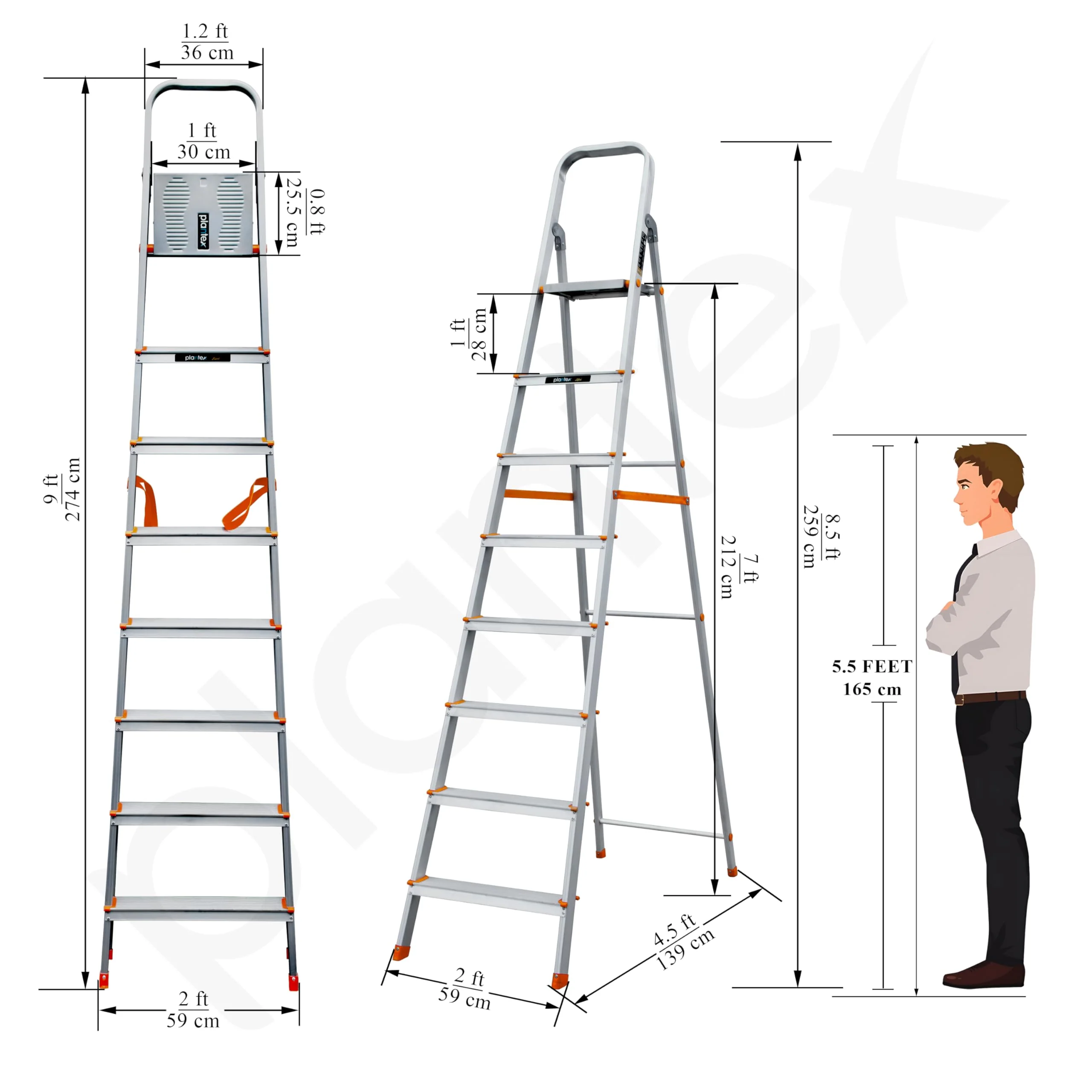 Plantex Legend Aluminium Folding 8 Step Ladder for Home - 8 Step Anti Skid Ladder/Wide Step Ladder (Orange-Silver) - Image 3