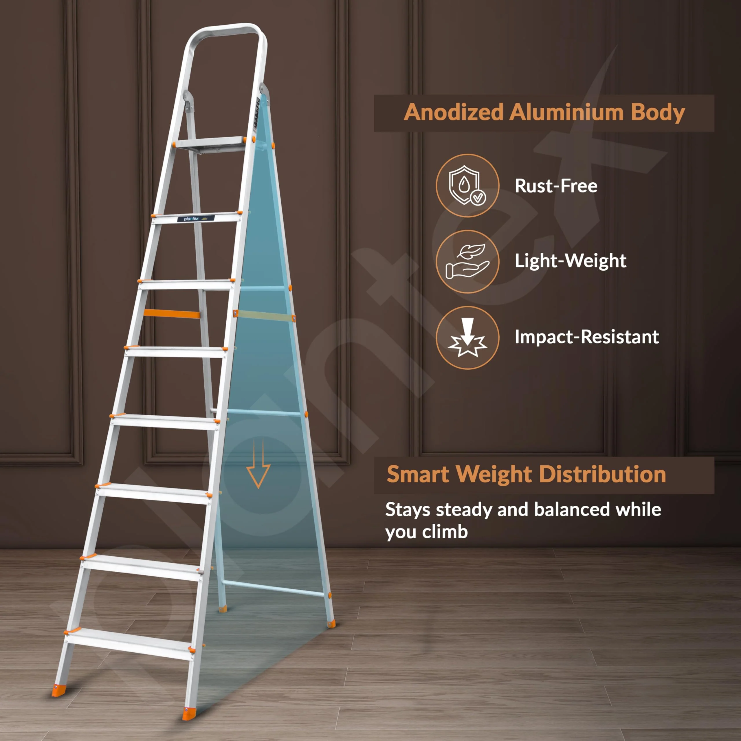 Plantex Legend Aluminium Folding 8 Step Ladder for Home - 8 Step Anti Skid Ladder/Wide Step Ladder (Orange-Silver) - Image 4