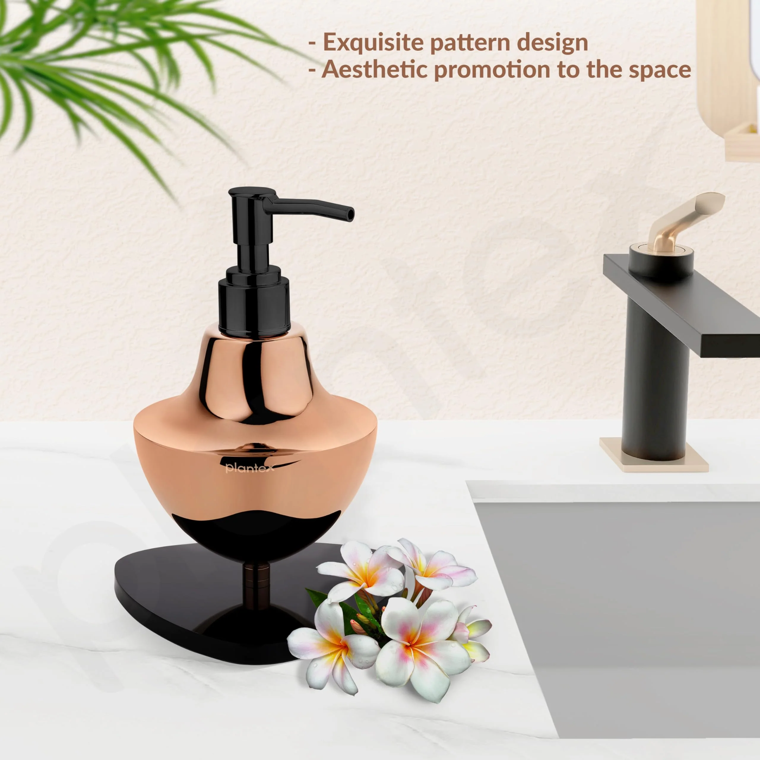 Plantex Liquid Soap Dispenser for Bathroom/Stainless Steel and Acrylic Shampoo Dispenser/Handwash Dispenser for Bathroom/Bathroom Accessories - Pack of 1 (Rose Gold & Black) - Image 3