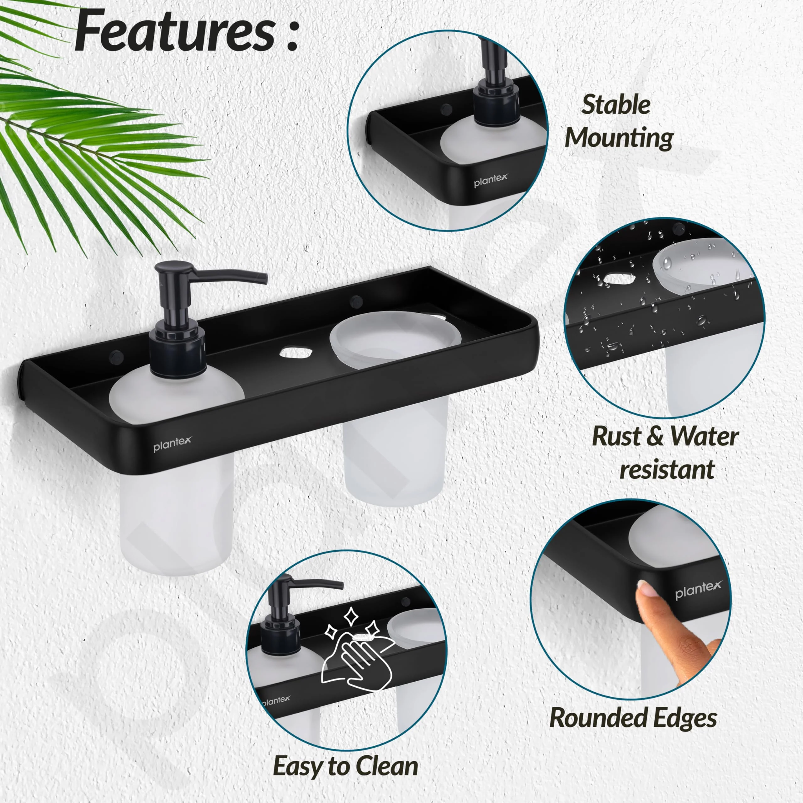 Plantex Liquid Soap Dispenser with Tumbler Holder for Bathroom/2 in 1 Shampoo Dispenser with Toothpaste Holder/Bathroom Accessories - Pack of 1 (1505, Black) - Image 2