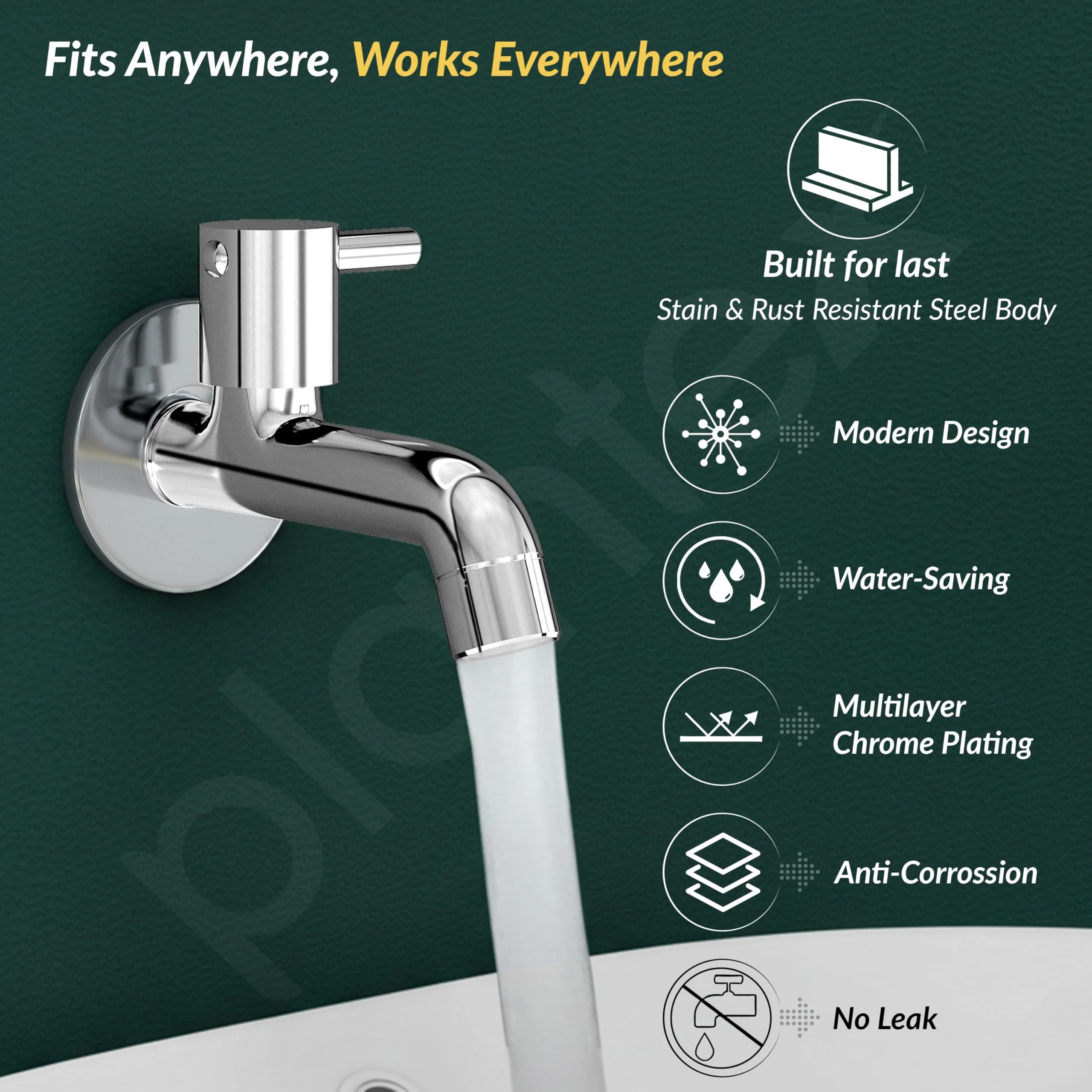 Plantex Long Body Bib Cock for Bathroom with Water Saving Aerator/Brass Spindle Bib Tap with Wall Flange and Teflon Tape for Bathroom (MKS-1272-Chrome) - Image 2