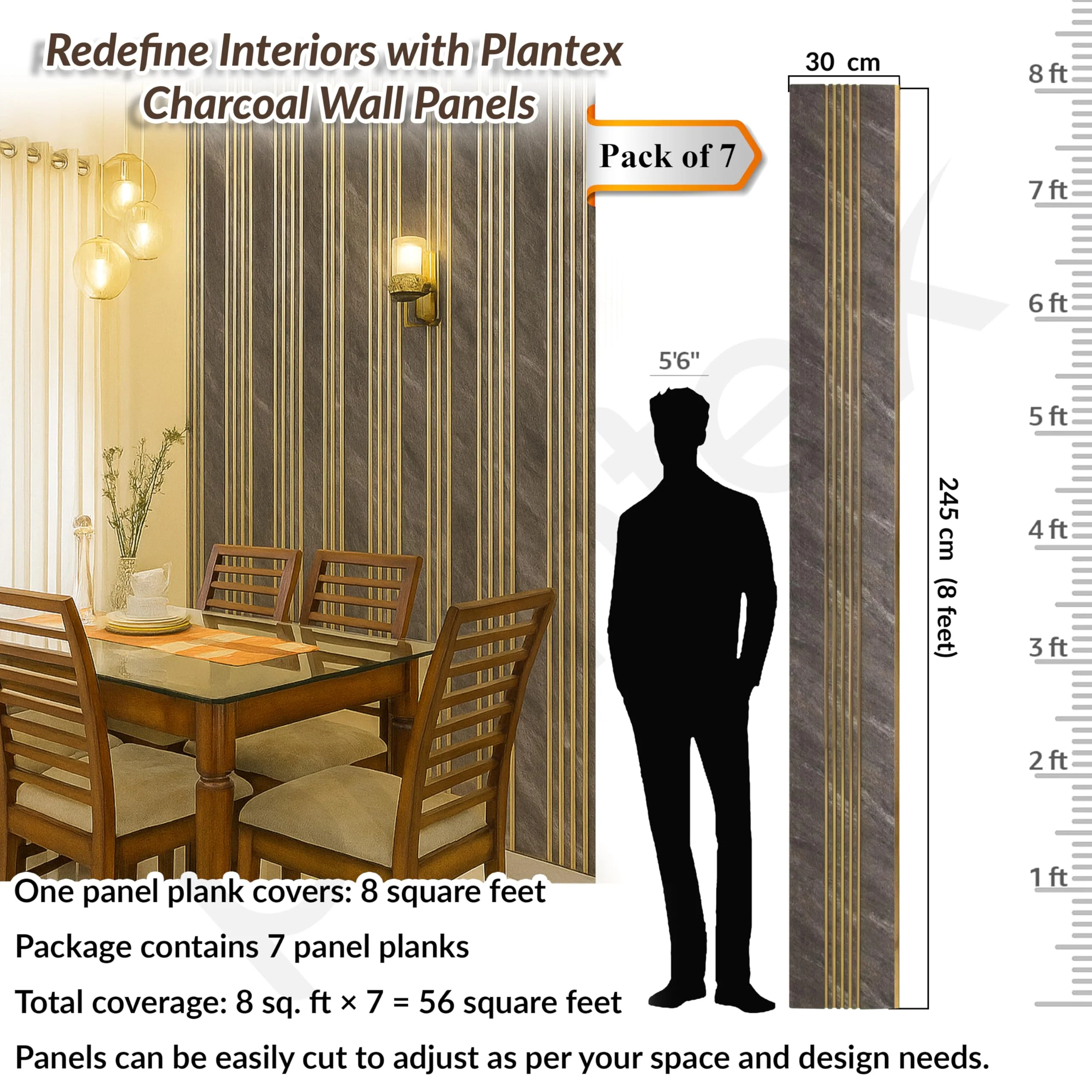 Plantex Louvers Panel for Wall/8 Feet Wall Panels/3D Charcoal Panel for Interior Walls Décor - Pack of 7 Covers - 56 Sq. Ft, Size-1 Feet x 8 Feet (YD-1204) - Image 2