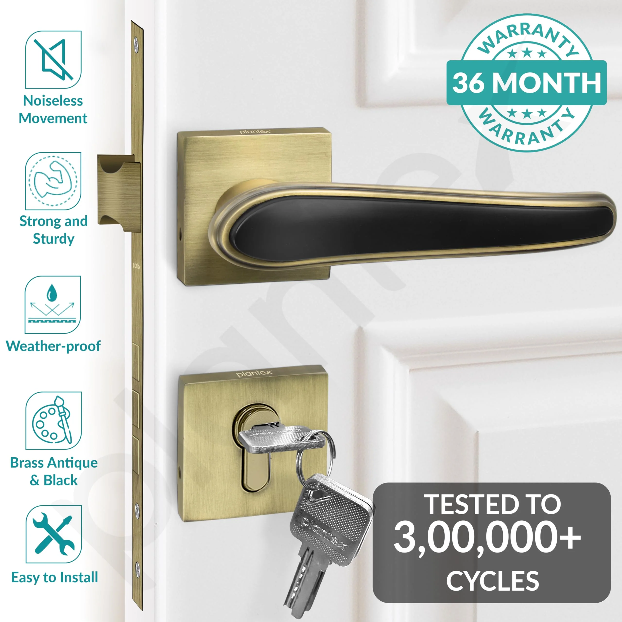 Plantex Main Door Lock/Mortise Lock for Doors - Robust Door Handle for Home with Brass Locks Body & Cylinder (PT-014, Brass Antique & Black) - Image 2