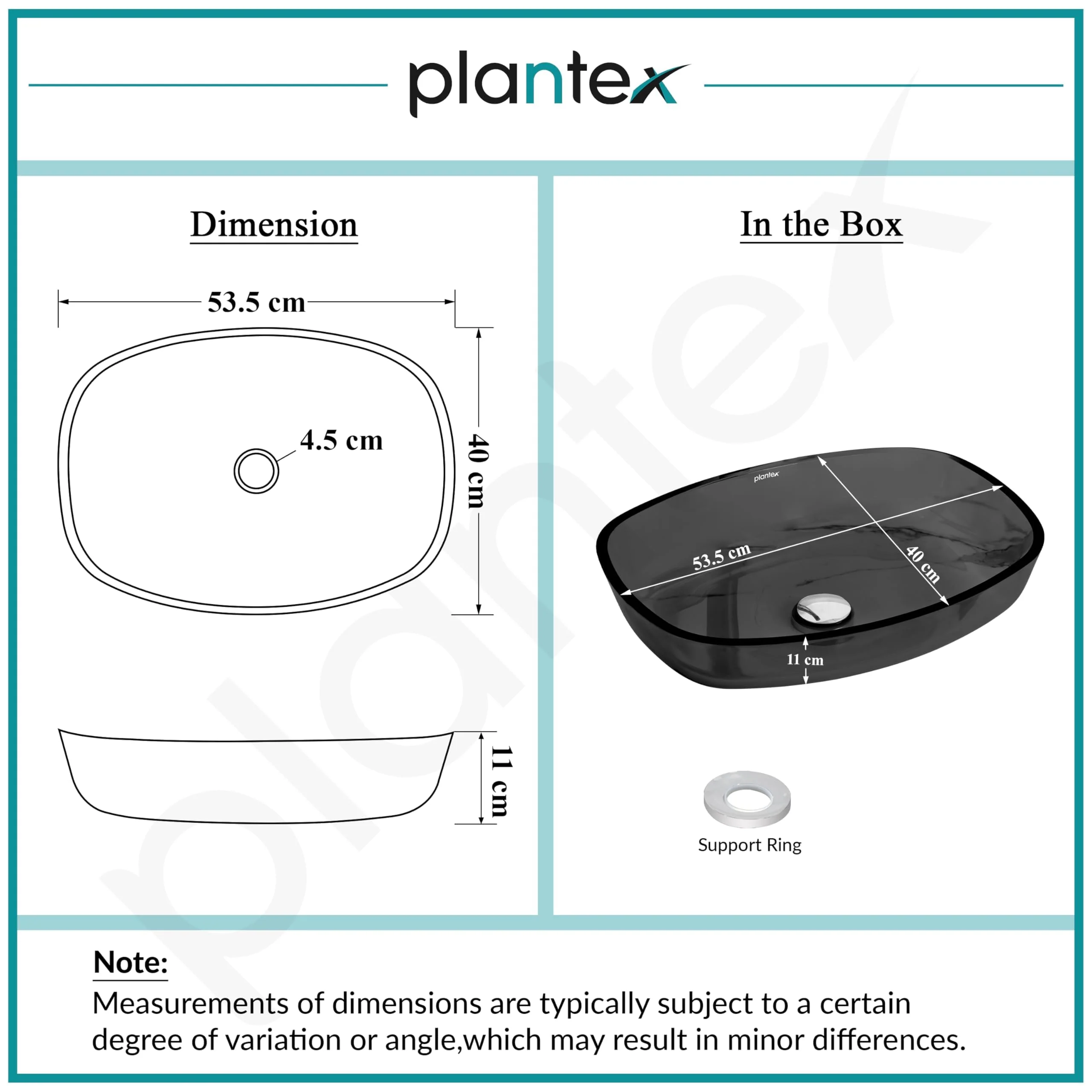 Plantex Matt Basin For Bathroom/Glass Tabletop Wash Basin/Luxury Countertop Basin For Home/Office (21 X 16 X 4 Inch - Black) - Image 3