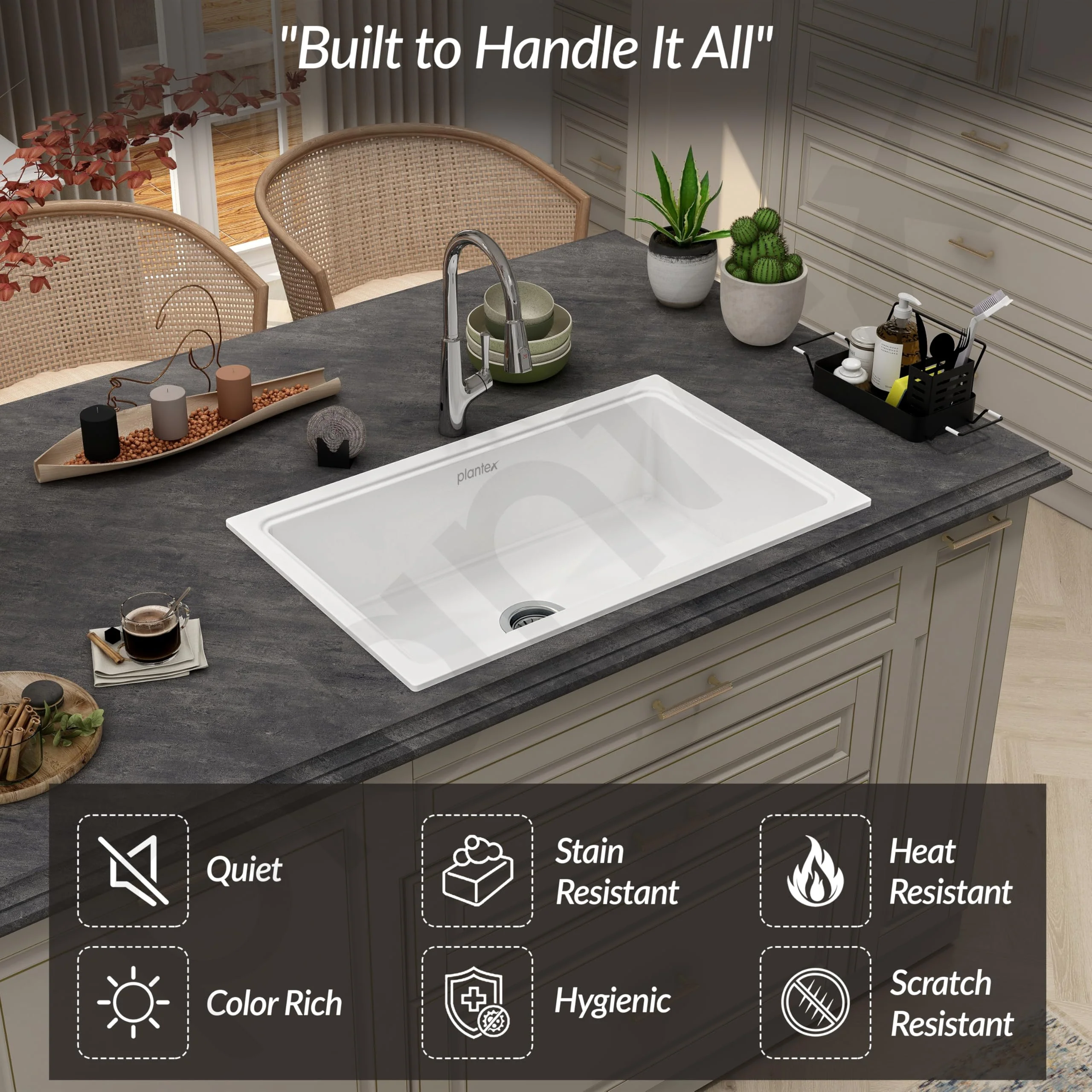 Plantex Matt German Technology Acrylic Resin Quartz Kitchen Sink/10 Years Guarantee/Granite Single Bowl Sink For Kitchen With Coupling (Whiti 32X20 Inches) - Image 7