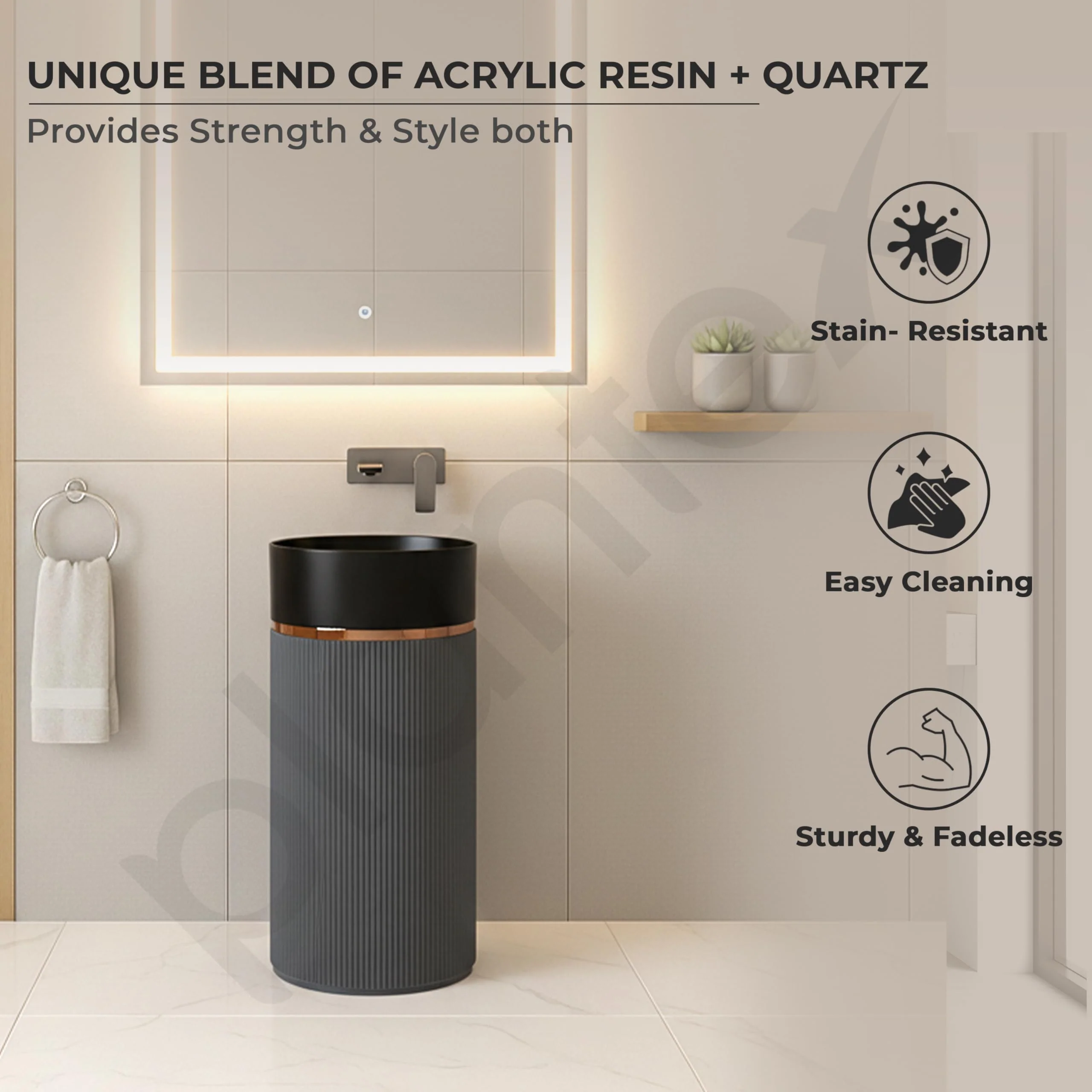 Plantex Matt Pedestal Wash Basin/Acrylic Resin & Quartz Free Standing Wash Basin/Round Basin For Bathroom/Home/Hotel/Restaurant- (Black And Grey, 16 X 16 X 34 Inch) - Image 2