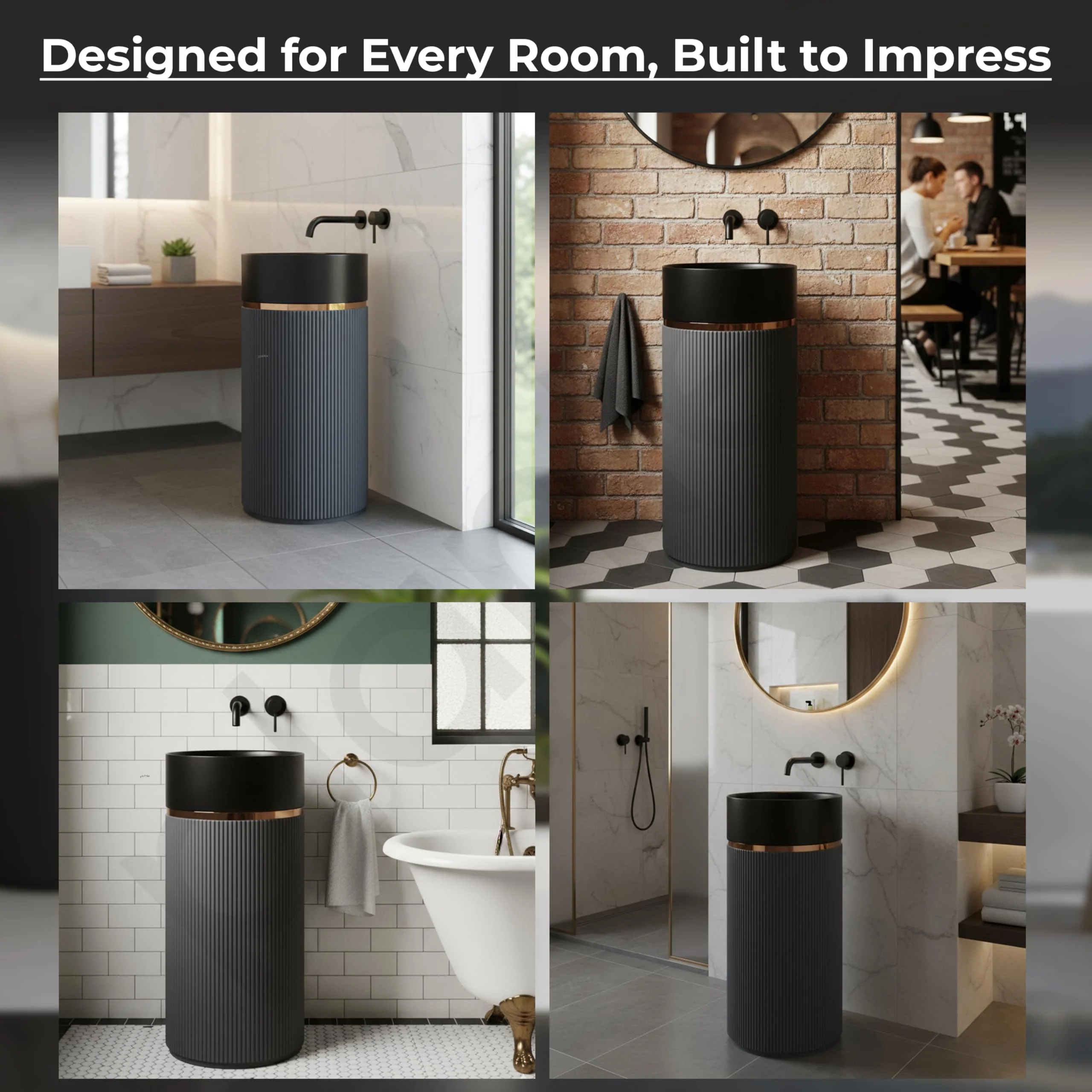 Plantex Matt Pedestal Wash Basin/Acrylic Resin & Quartz Free Standing Wash Basin/Round Basin For Bathroom/Home/Hotel/Restaurant- (Black And Grey, 16 X 16 X 34 Inch) - Image 3