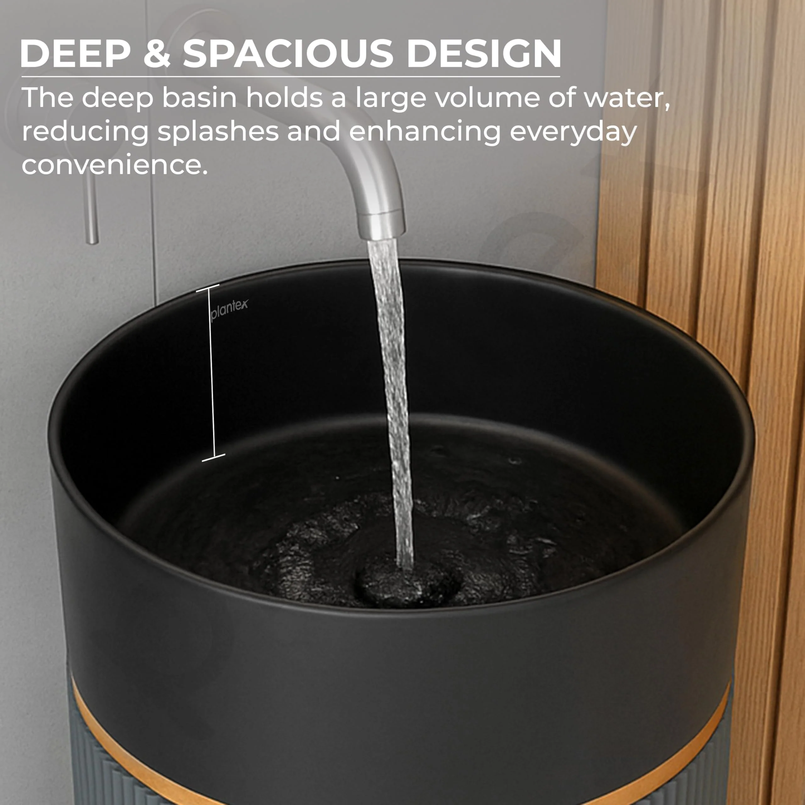 Plantex Matt Pedestal Wash Basin/Acrylic Resin & Quartz Free Standing Wash Basin/Round Basin For Bathroom/Home/Hotel/Restaurant- (Black And Grey, 16 X 16 X 34 Inch) - Image 5