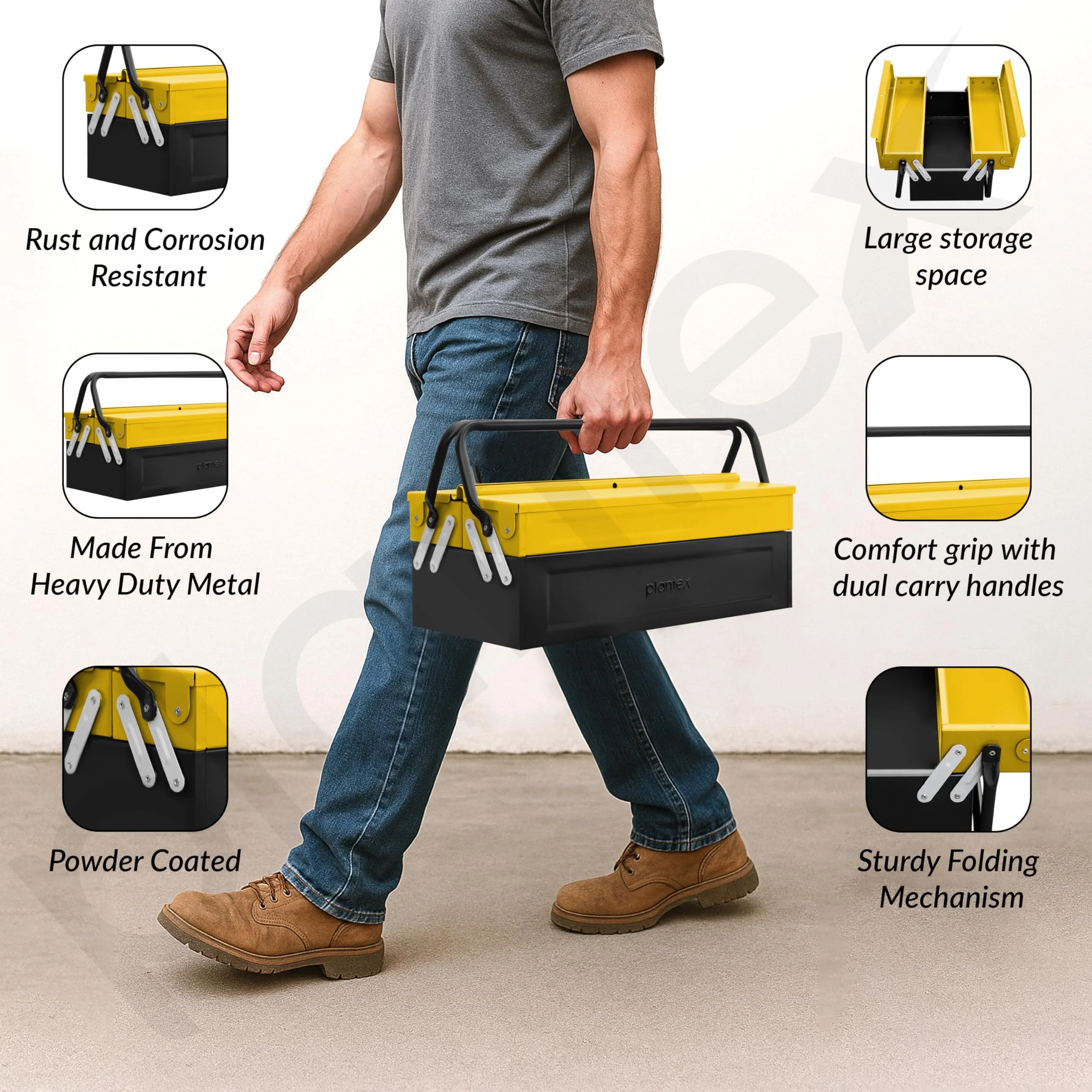 Plantex Metal Tool Box for Home Use/3 Cabinet Empty Tool Kit Box With Large Capacity & Strong Handle/Tools Box/Tool Organizer for Essential Tools - (Yellow & Black) - Image 2