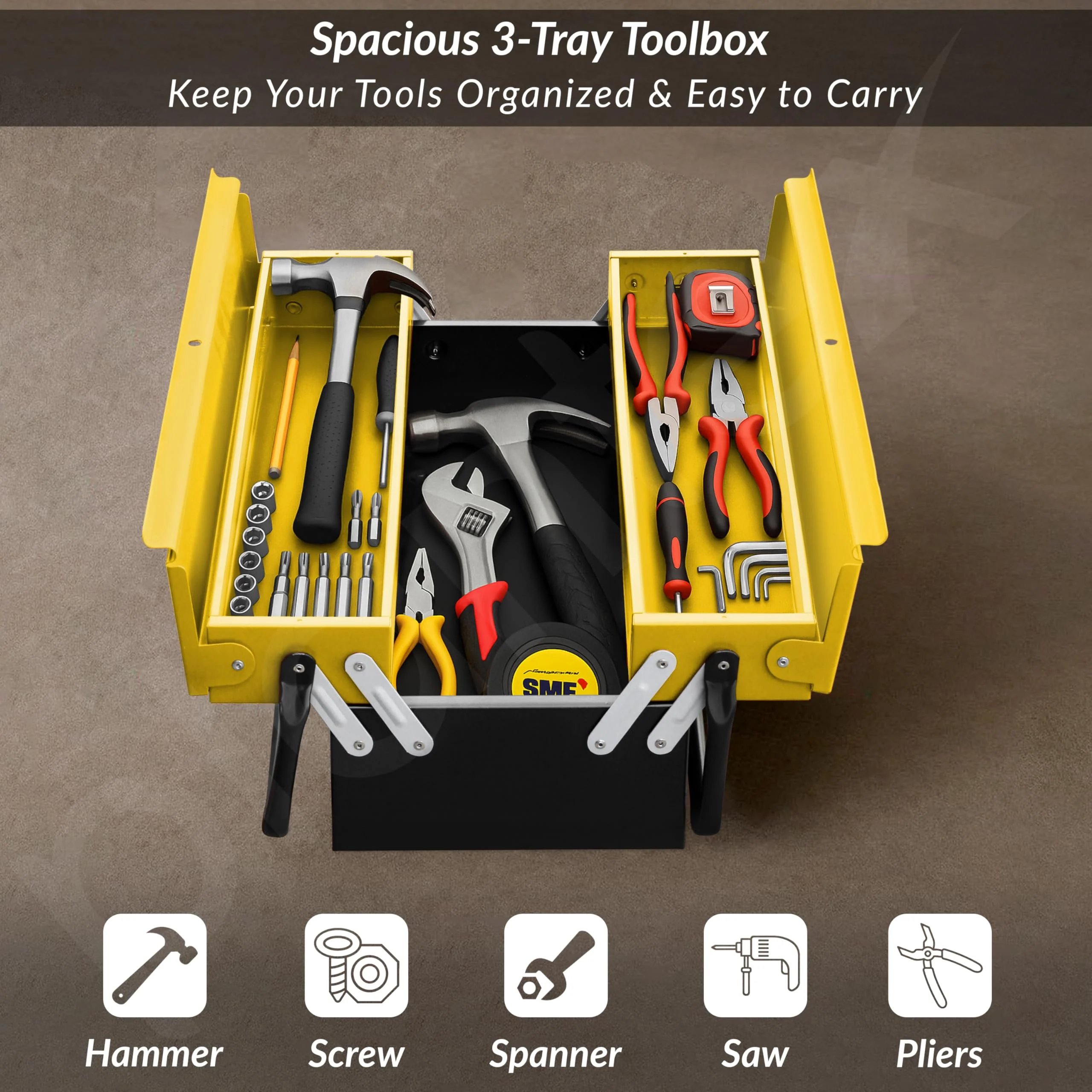 Plantex Metal Tool Box for Home Use/3 Cabinet Empty Tool Kit Box With Large Capacity & Strong Handle/Tools Box/Tool Organizer for Essential Tools - (Yellow & Black) - Image 7
