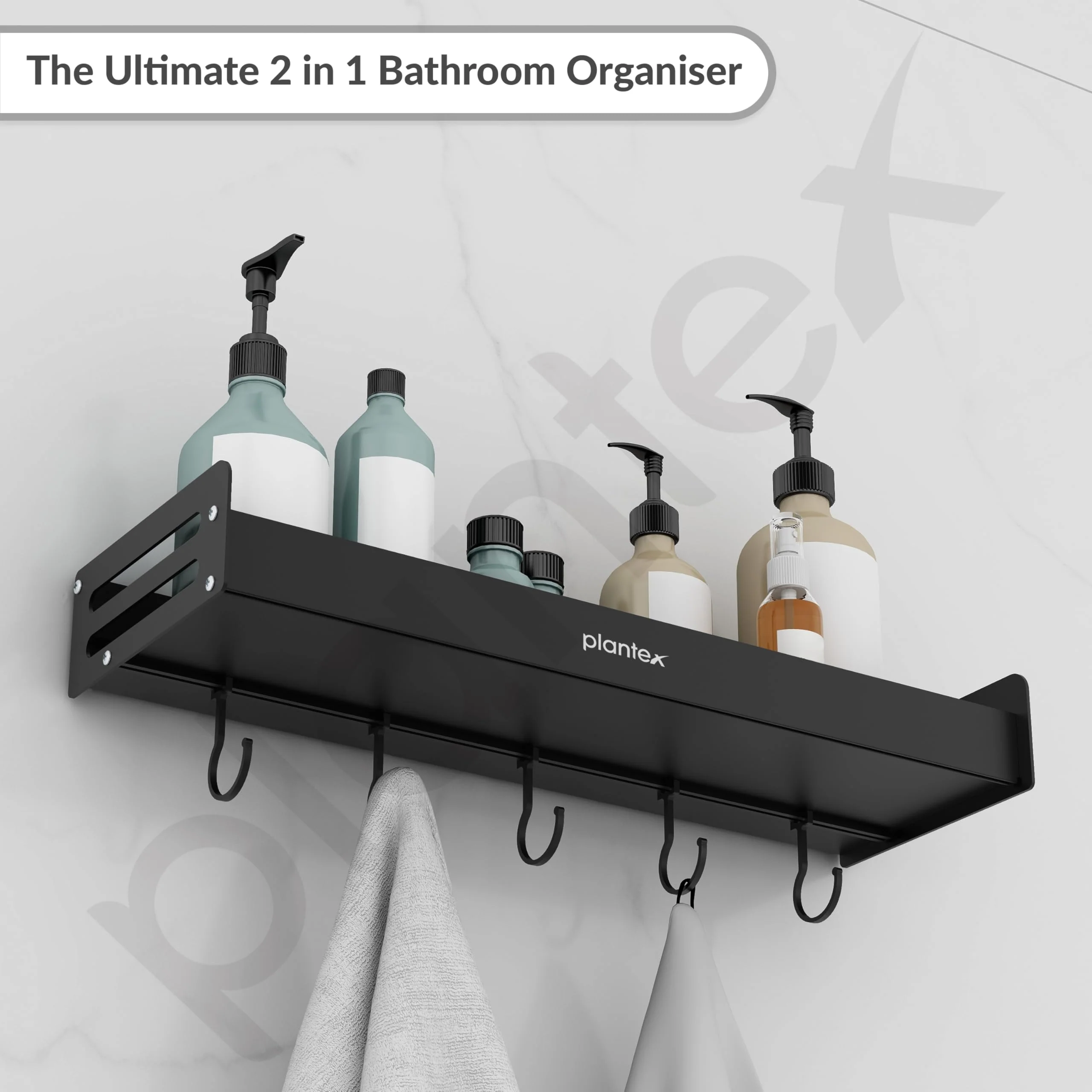 Plantex Multipurpose Aluminium Bathroom Wall Shelf/Bathroom Shelf Rack with Movable Hooks/Bathroom Accessories Set/Shelf for Bathrooms/Kitchen Organiser -(Black) - Image 7