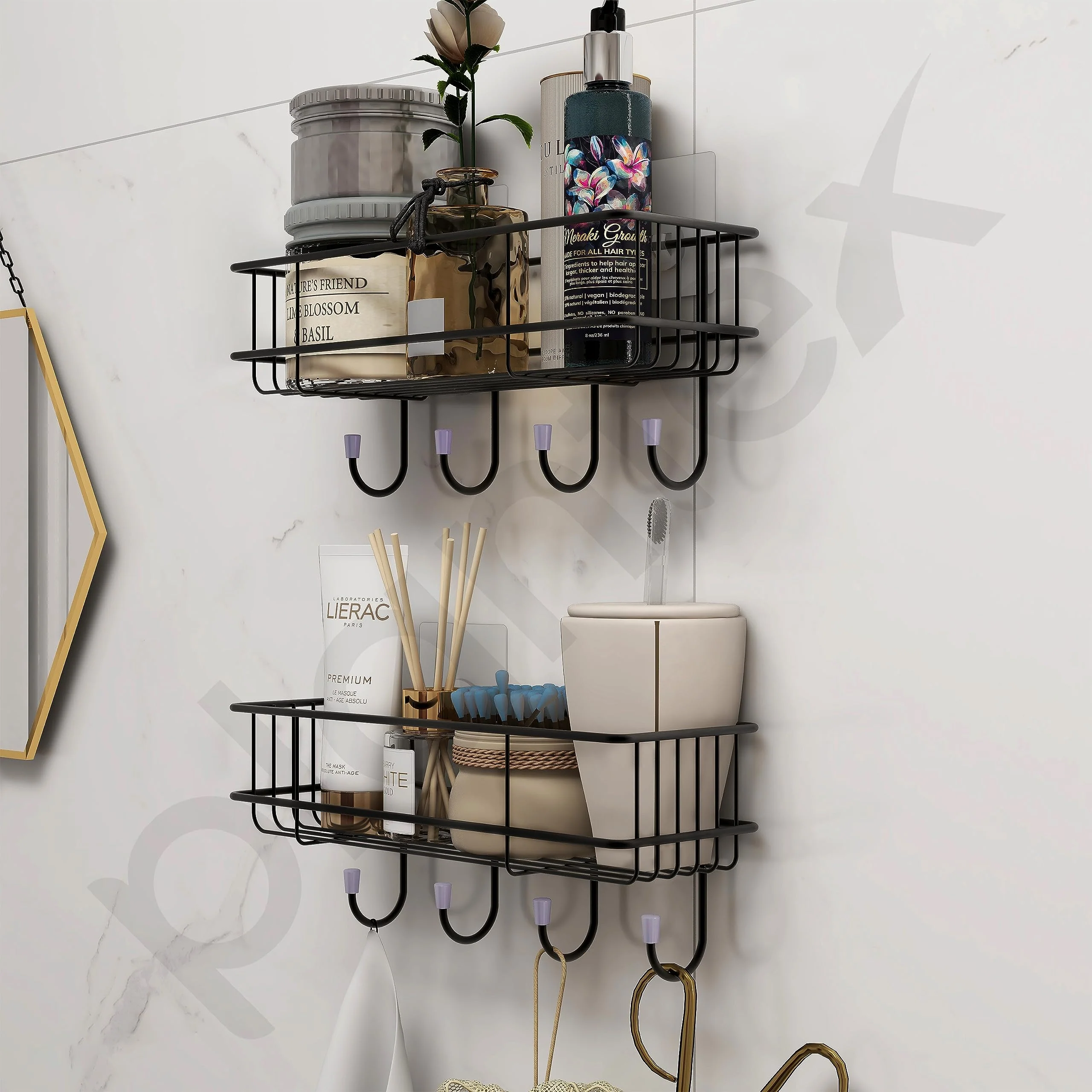 Plantex Multipurpose Bathroom Organiser Without Drill/GI Steel Self-Adhesive Shelf/Wall Mounted Shelf for Bathroom with Hooks- Pack of 2 (Black,Powder Coated) - Image 7