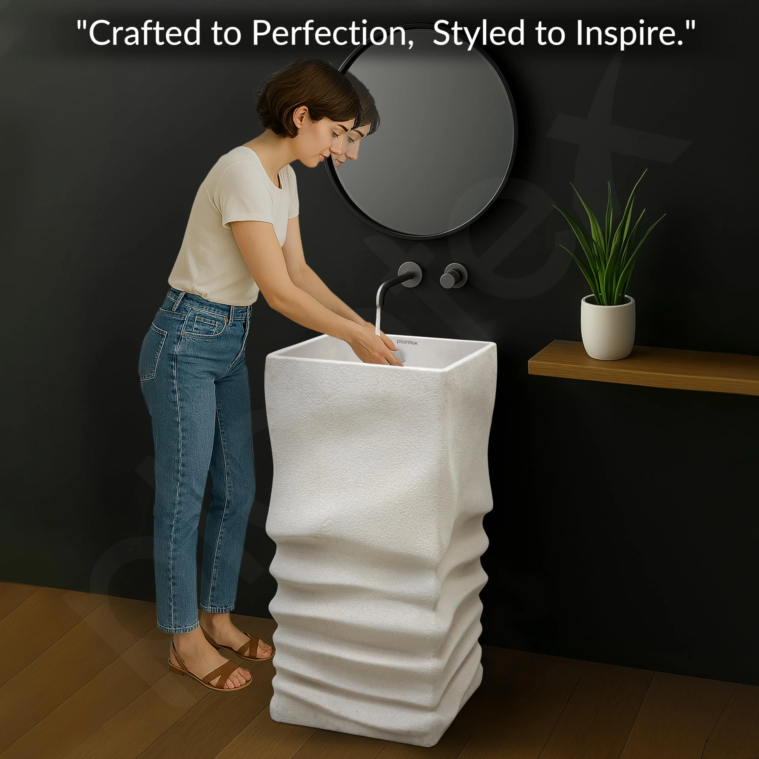 Plantex Pedestal Wash Basin/Acrylic Resin & Quartz Free Standing Wash Basin/Square Basin for Bathroom/Home/Office - (10040, Beige) - Image 2