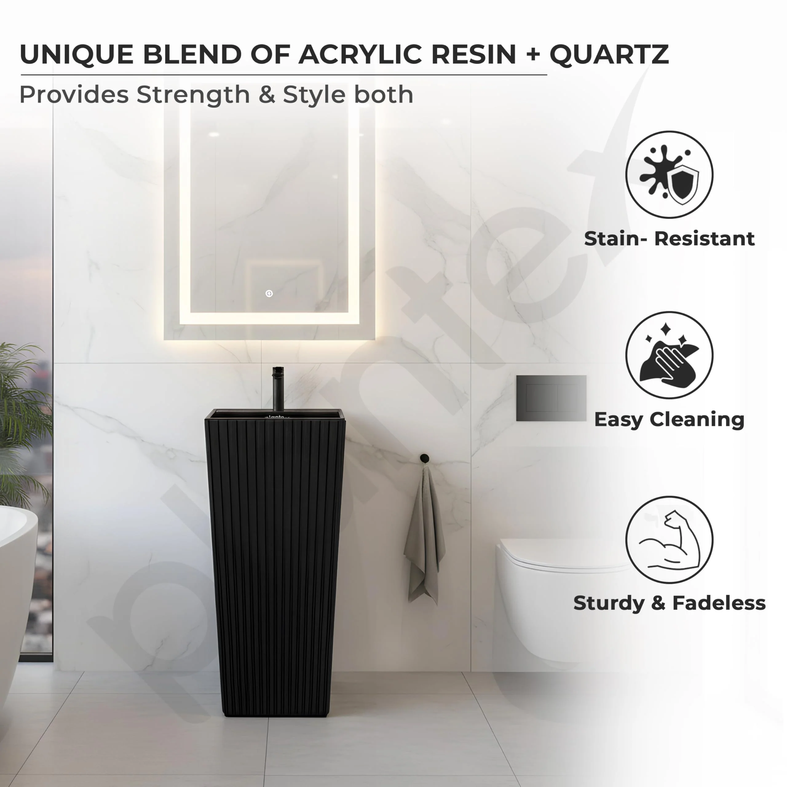 Plantex Pedestal Wash Basin/Acrylic Resin & Quartz Free Standing Wash Basin/Square Basin for Bathroom/Home/Office/Hotel - (10049, Black) - Image 2