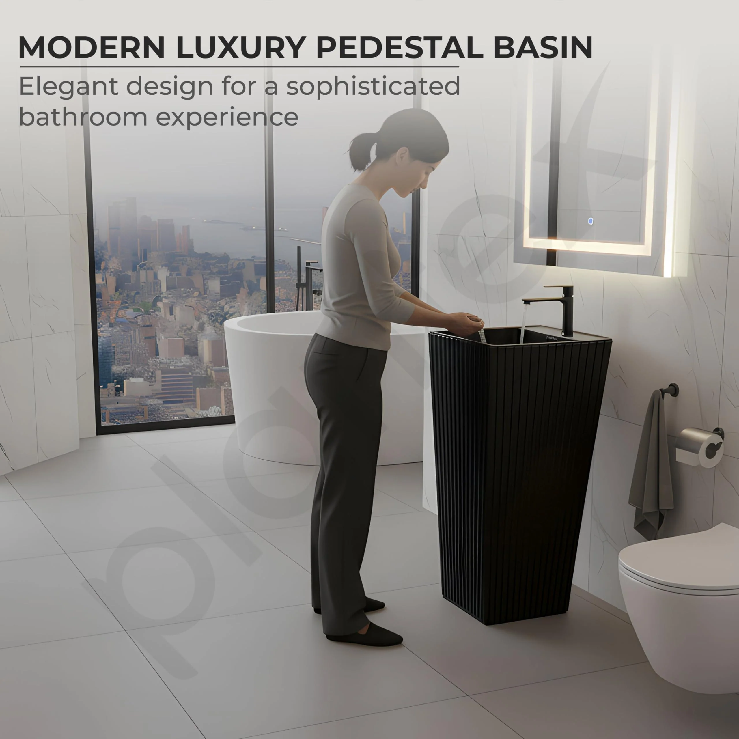 Plantex Pedestal Wash Basin/Acrylic Resin & Quartz Free Standing Wash Basin/Square Basin for Bathroom/Home/Office/Hotel - (10049, Black) - Image 4