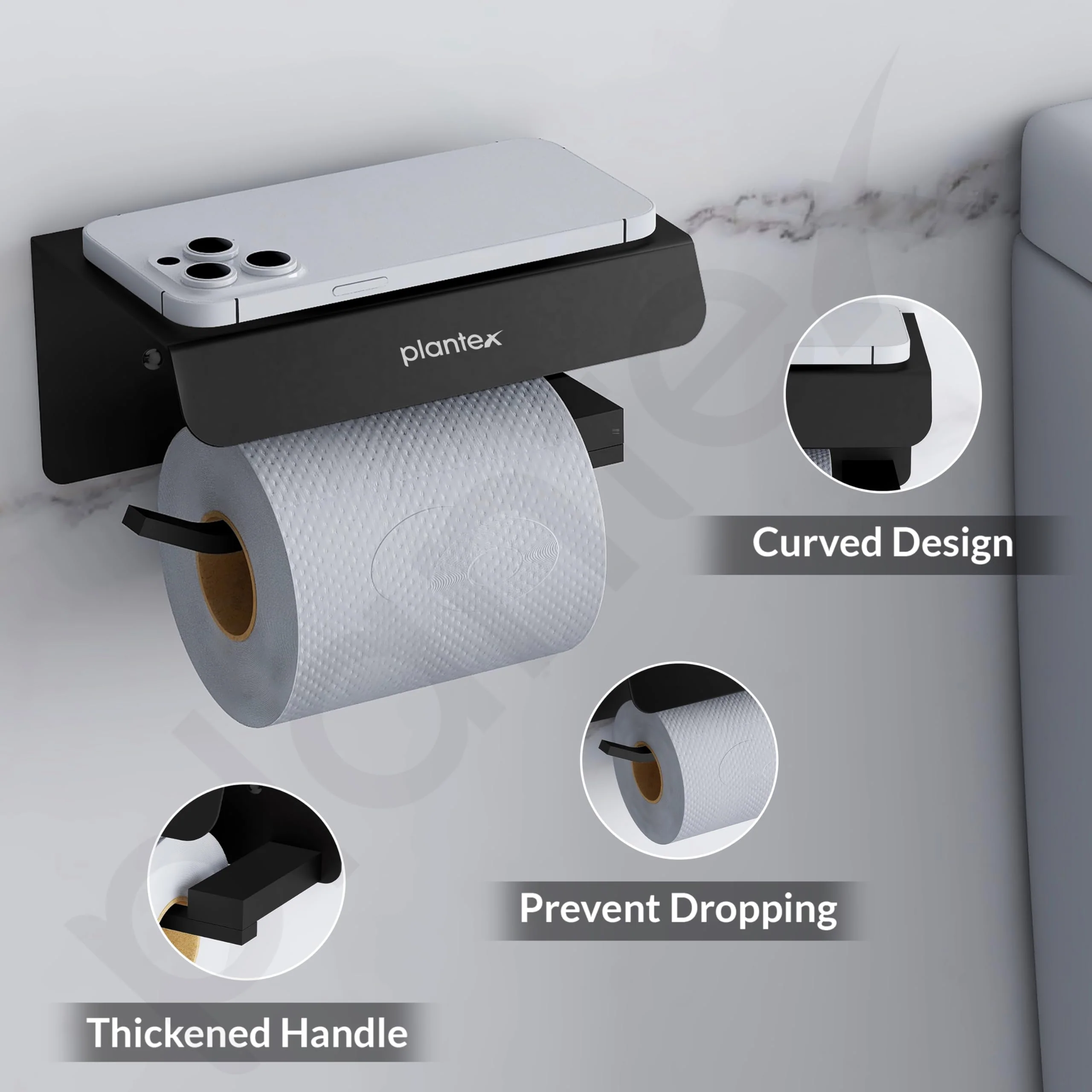 Plantex Platinum 304 Grade Stainless Steel Toilet Paper Holder with Mobile Stand/Toilet Paper Roll Holder for Bathroom Accessories (Matt Black) - Image 6