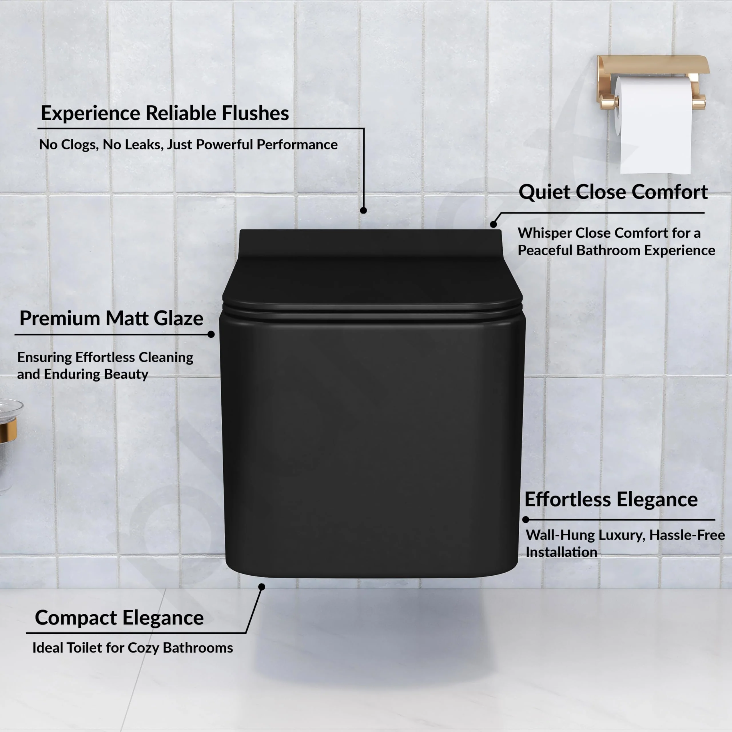 Plantex Platinum Ceramic Rim Wall Hung Western Toilet/P Trap Western Commode with Soft Close Seat Cover/Commode with Washdown Flush - (Black-M) - Image 2