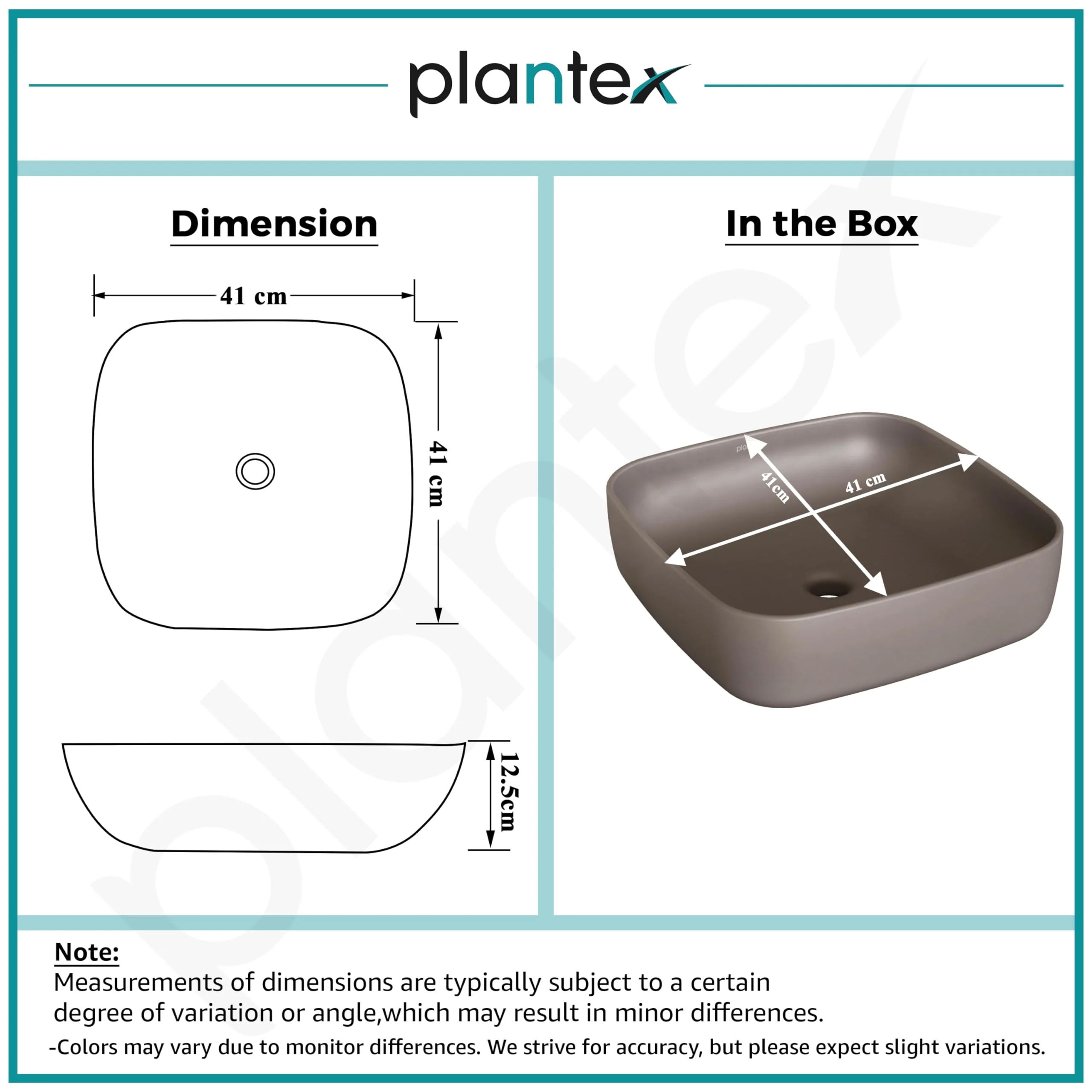 Plantex Platinum Ceramic Tabletop Square Wash Basin/Countertop Bathroom Sink (Choco, 16 x 16 x 5 Inch) - Image 2