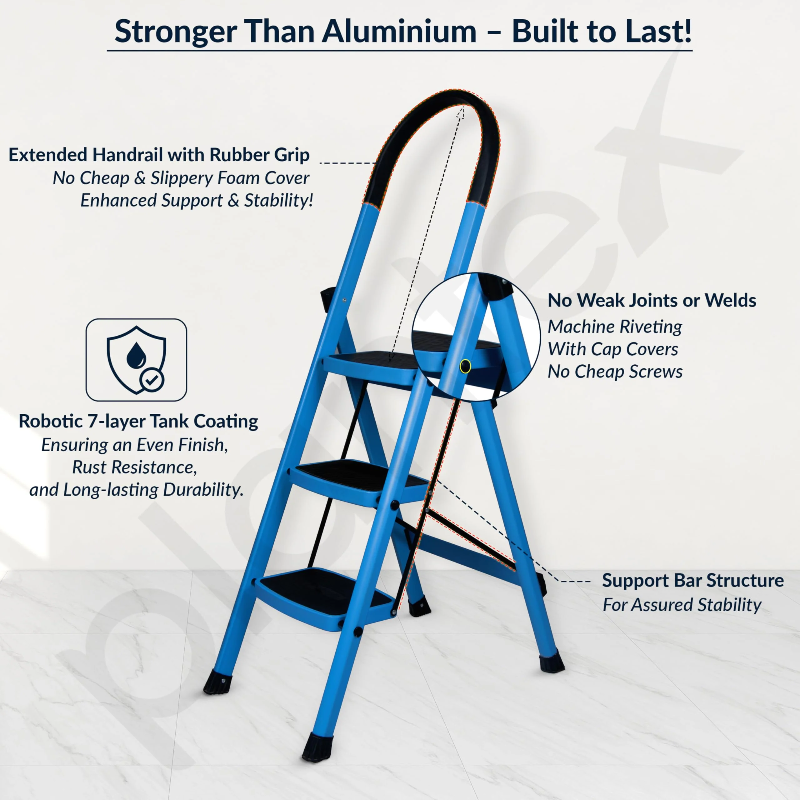 Plantex Premium 3 Steps Steel Ladder | Wide Anti-Skid Step Ladder | Easy to Fold | 5 Year Manufacturer Warranty(3-Step,Blue & Black) - Image 4