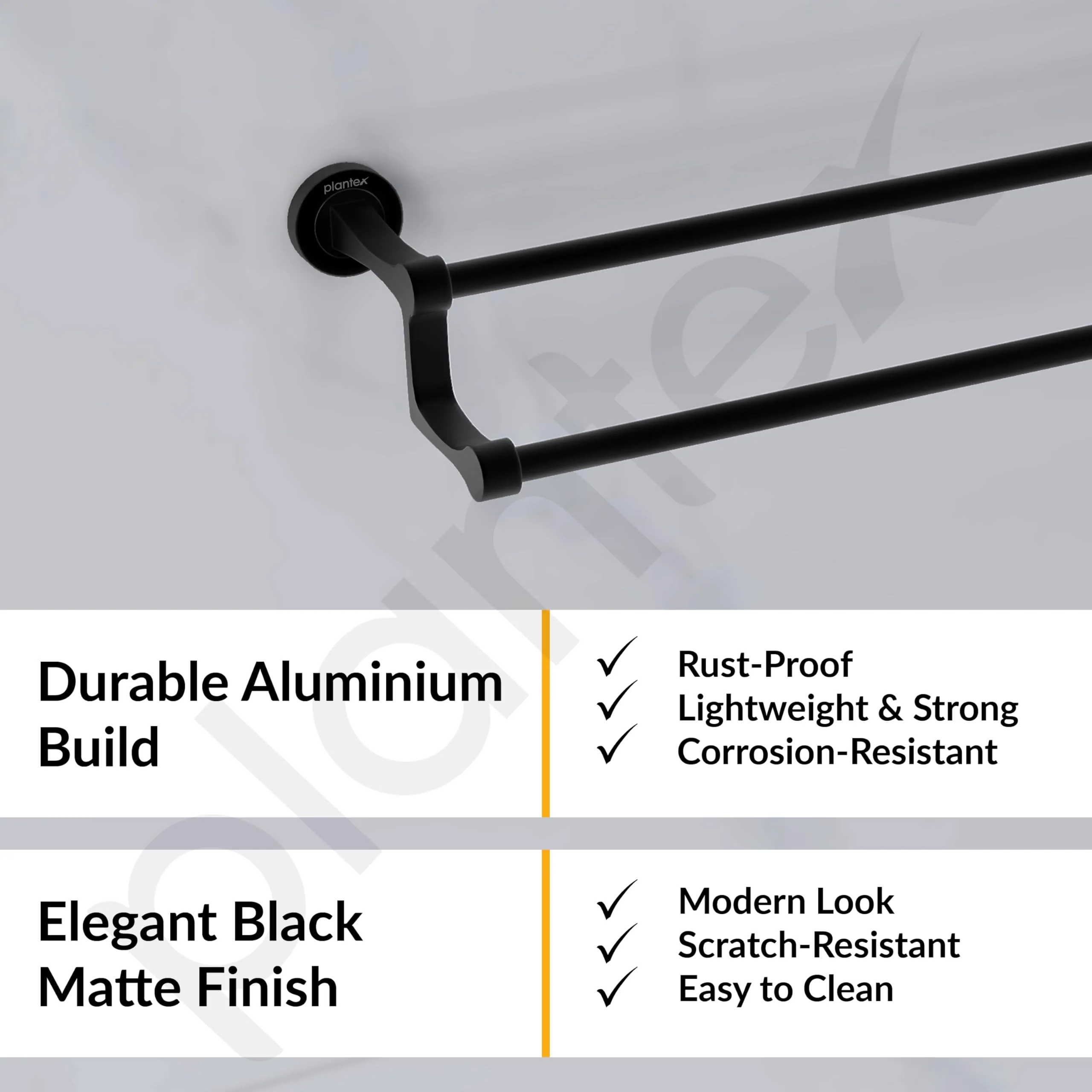 Plantex Premium Aluminium Dual Towel Rod/Bathroom Towel Holder/Towel Hanger/Towel Stand/Bathroom Accessories (24 inch) Black Finish - Image 3