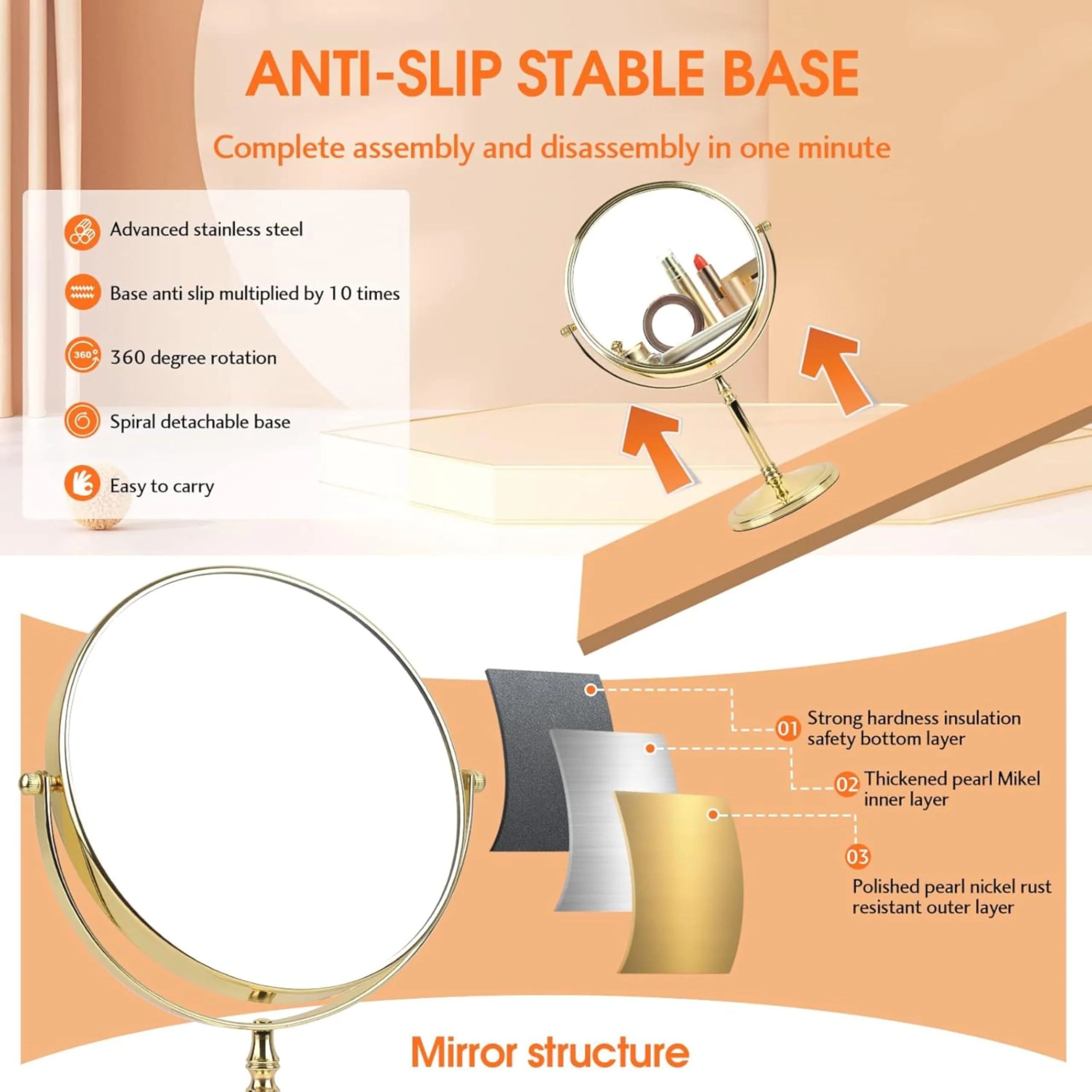 Plantex Premium Brass Magnifying Mirror/Two-Sided 360° Swivel Makeup Mirror with 5x/1x Magnification/Table Mirror (8 Inch-Golden/Tabletop) - Image 6
