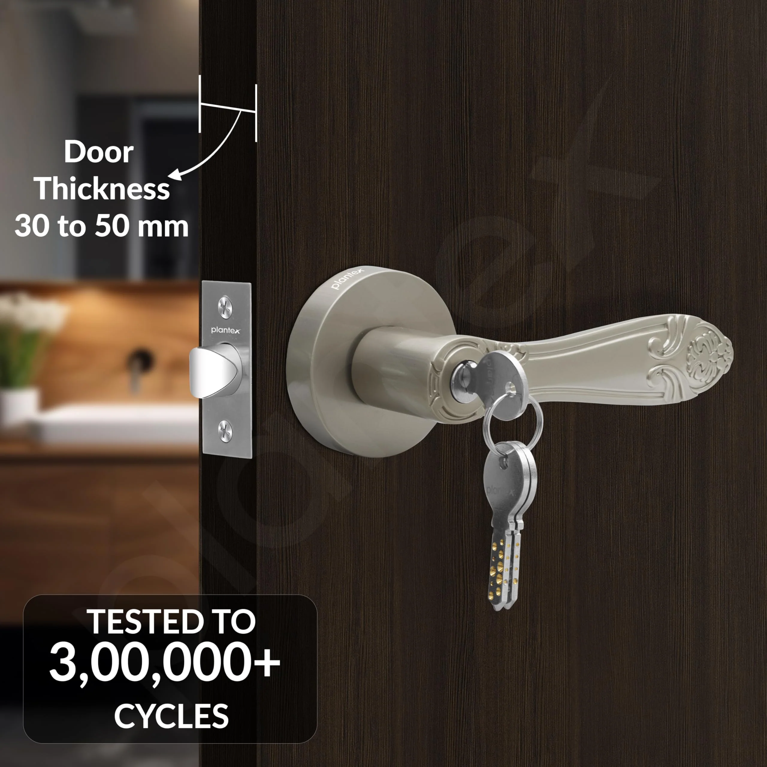 Plantex Premium Door Lock for Home/Mortise Lock for Door/Main Door Lock with 3 Key - (Satin) - Image 2