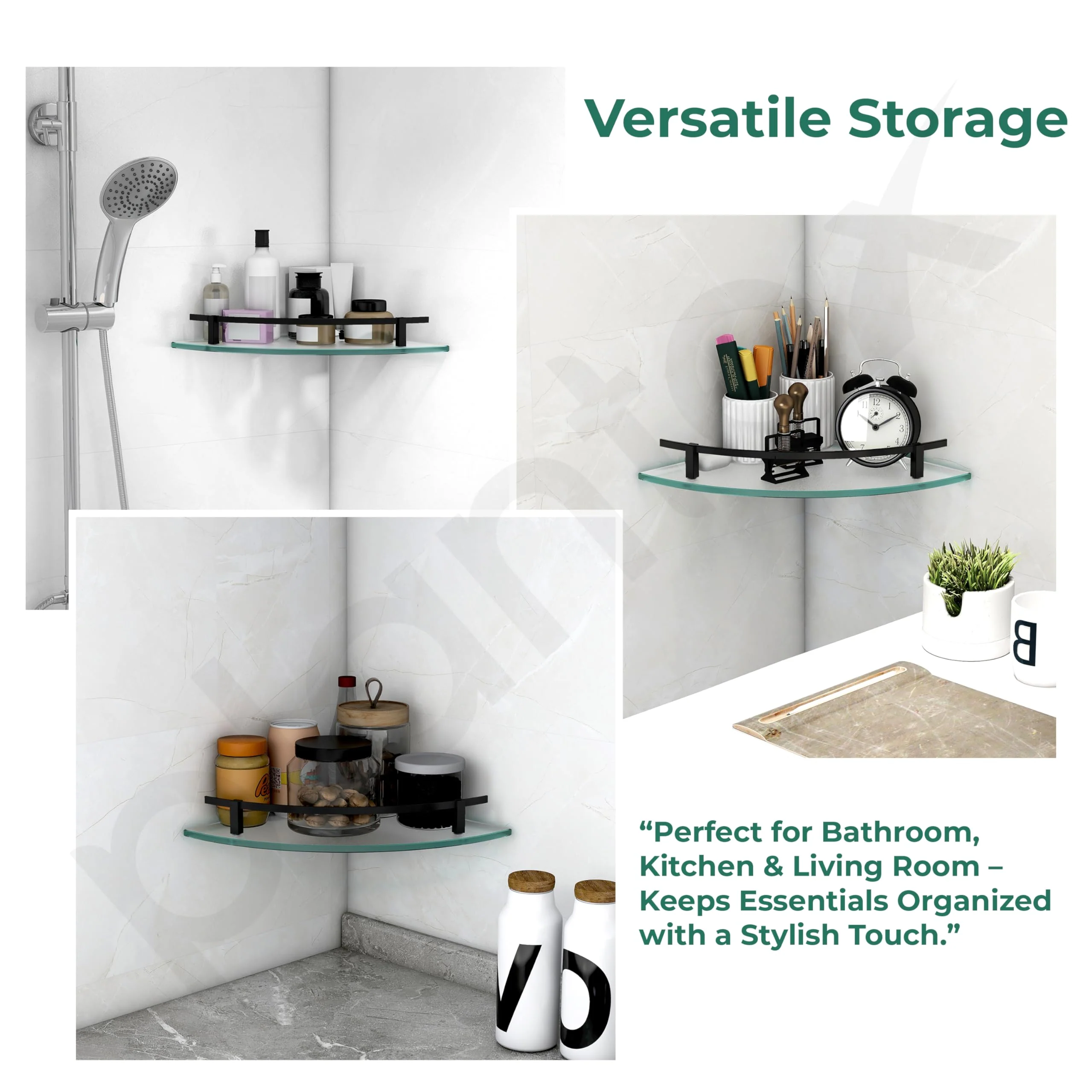 Plantex Premium Frosted Glass Corner/Shelf for Bathroom/Wall Shelf/Storage Shelf - (12x12 in,Black-Pack of 1) - Image 7