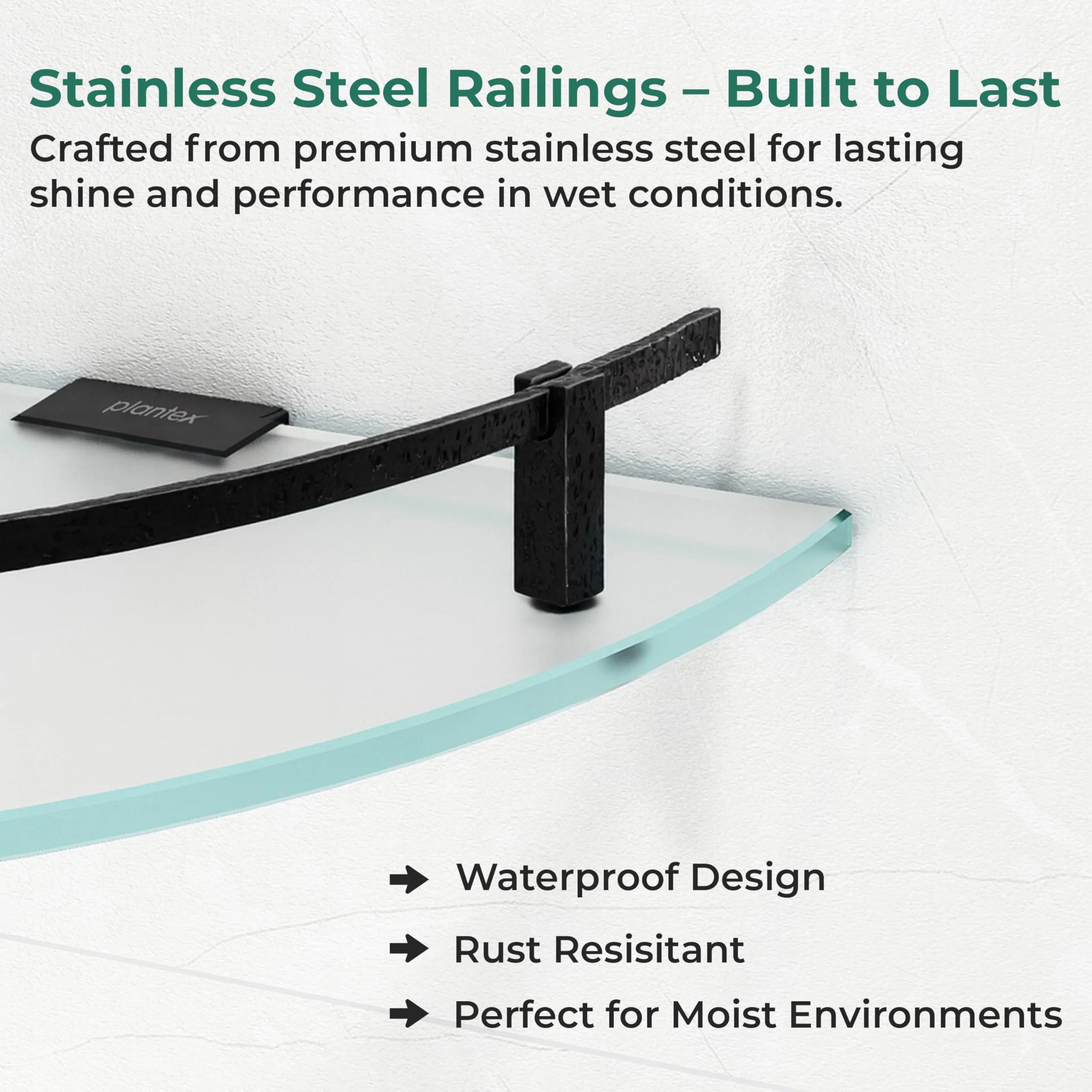 Plantex Premium Frosted Glass Corner Shelves for Bathroom/Living Room Wall Mounted Shelf with Black Railings and Brackets/Bathroom Accessories (9x9 Inches, Pack of 3) - Image 2