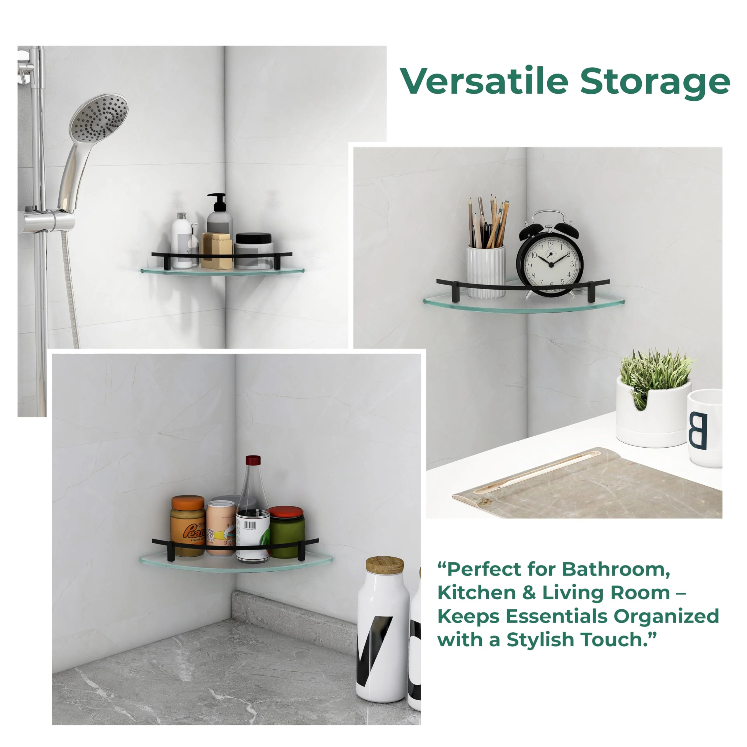 Plantex Premium Frosted Glass Corner Shelves for Bathroom/Living Room Wall Mounted Shelf with Black Railings and Brackets/Bathroom Accessories (9x9 Inches, Pack of 3) - Image 7