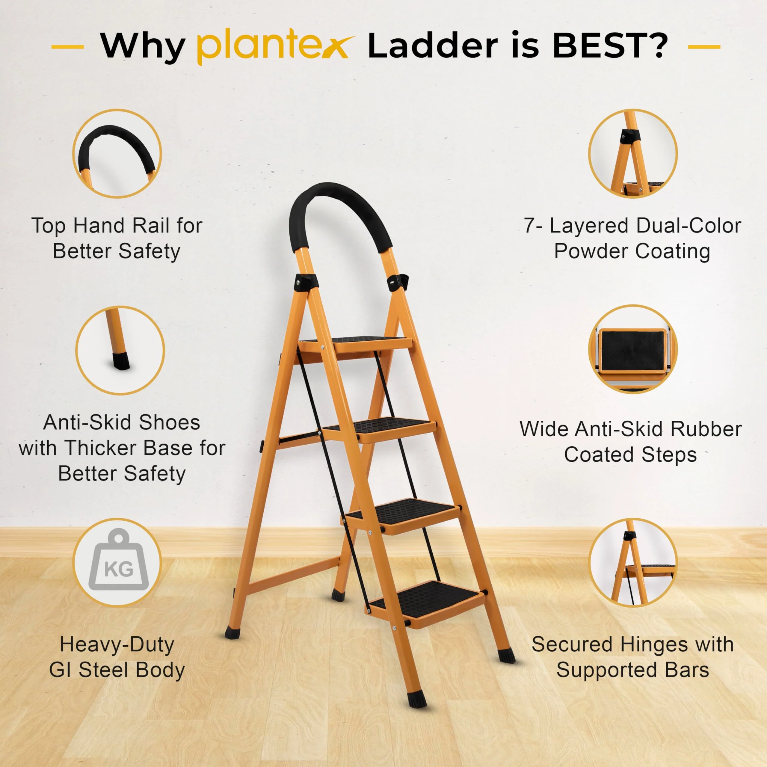 Plantex Premium GI 4-Step Steel Ladder for Home - Wide Anti Skid Step Ladder - 150 kg Capacity (Yellow) - Image 3