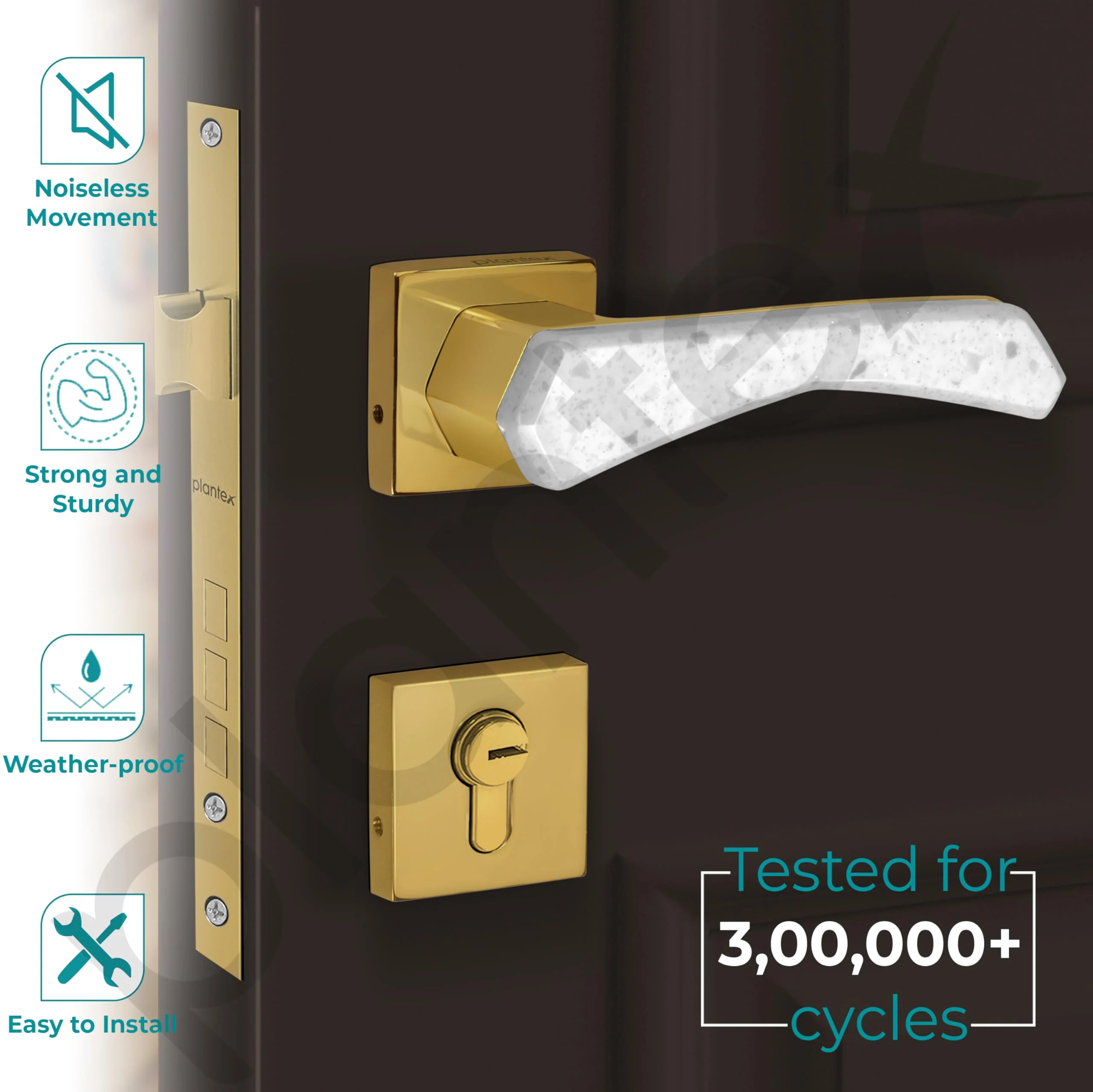Plantex Premium Main Door Lock Set With 3 Years Warranty - Mortise Lock (594 - Gold and White) - Image 2