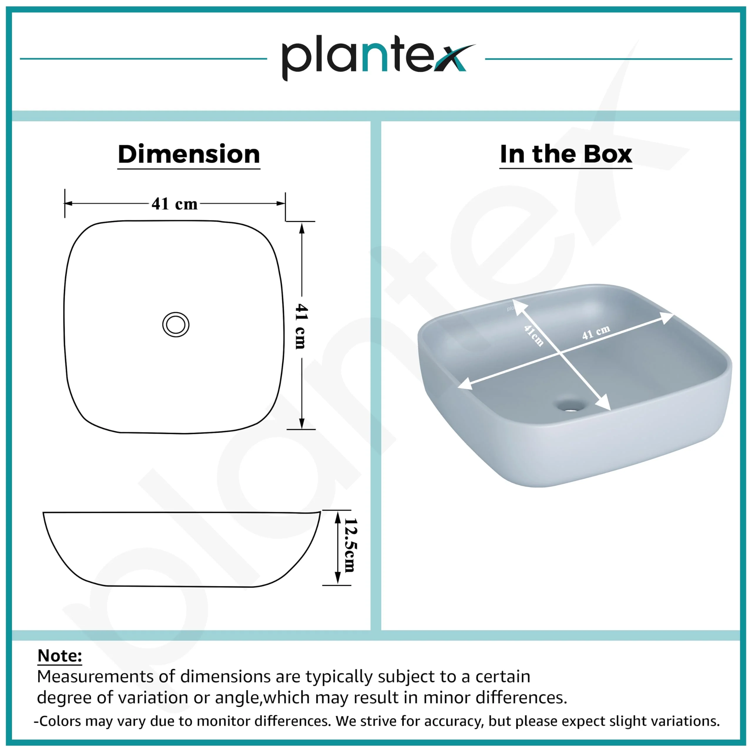 Plantex Premium Tabletop Ceramic Square Wash Basin/Countertop Bathroom Sink (Ocean, 16 x 16 x 5 Inch) - Image 2