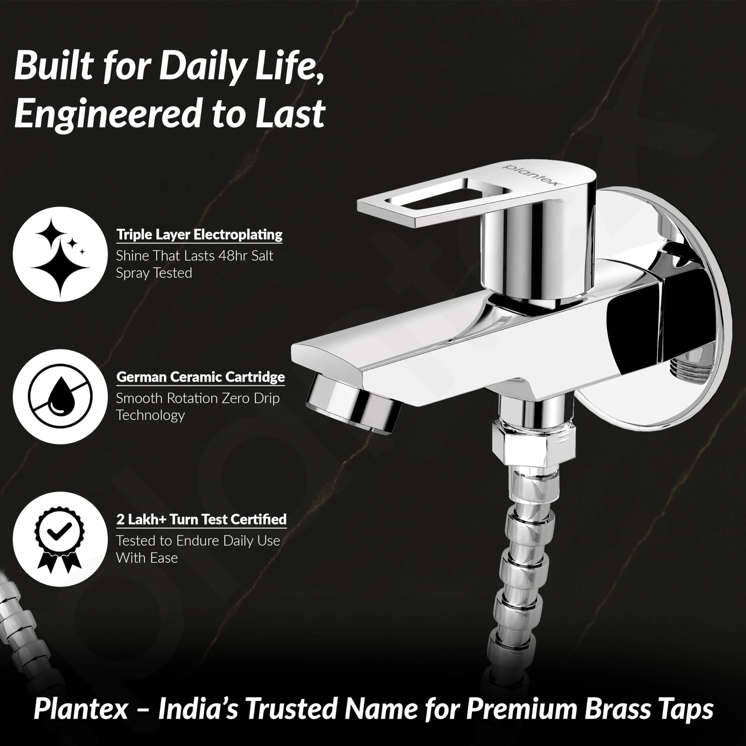 Plantex Pure Brass 2 in 1 Tap for Washing Machine/2-Way Bib Cock for Bathroom with Brass Wall Flange & Teflon Tape - (Chrome) - Image 3