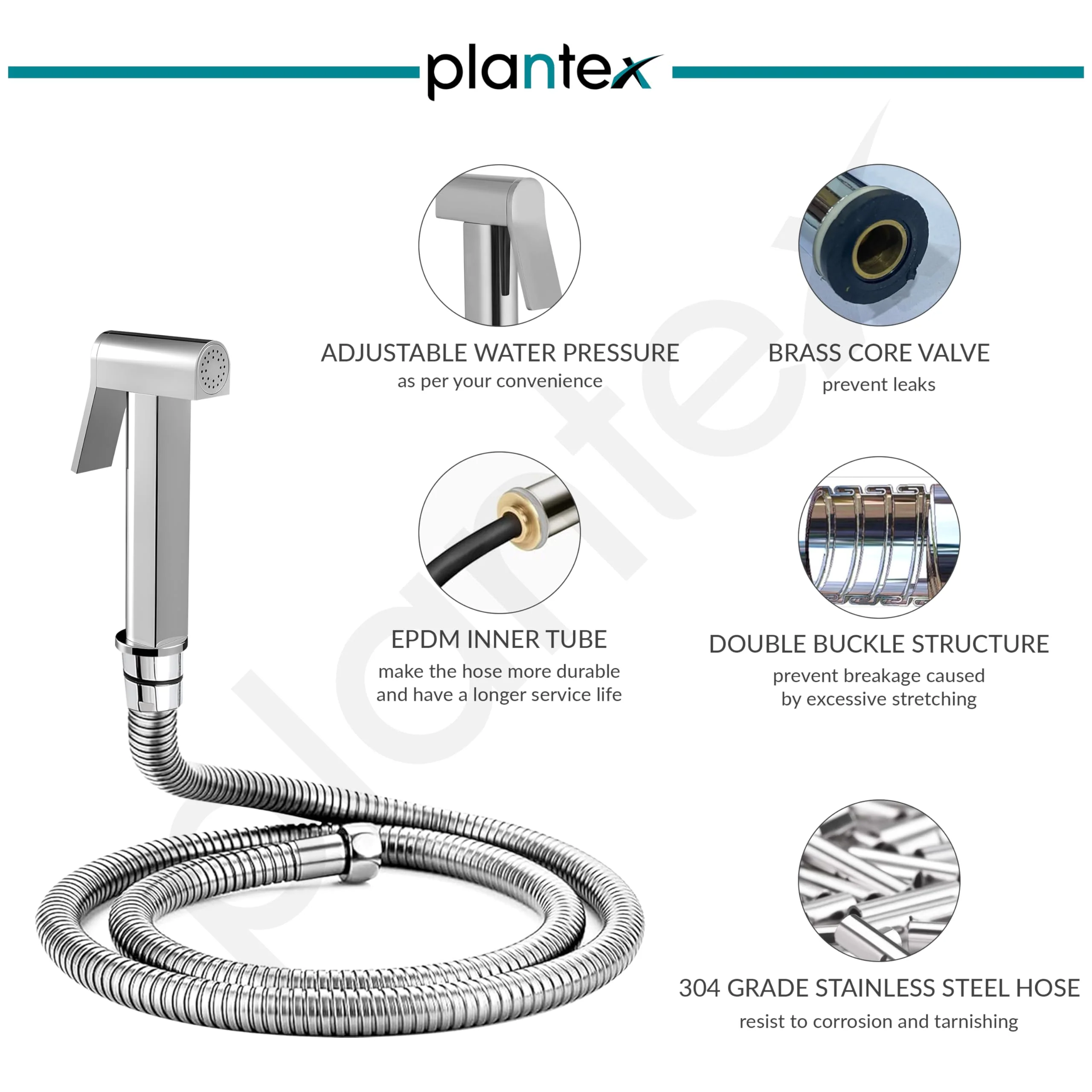 Plantex Pure Brass D-Shape Health Faucet Set/Jet Spray for Toilet with 1.20-Meter Hose Pipe for Toilet & Wall Hook-(Chrome Finish) - Image 5