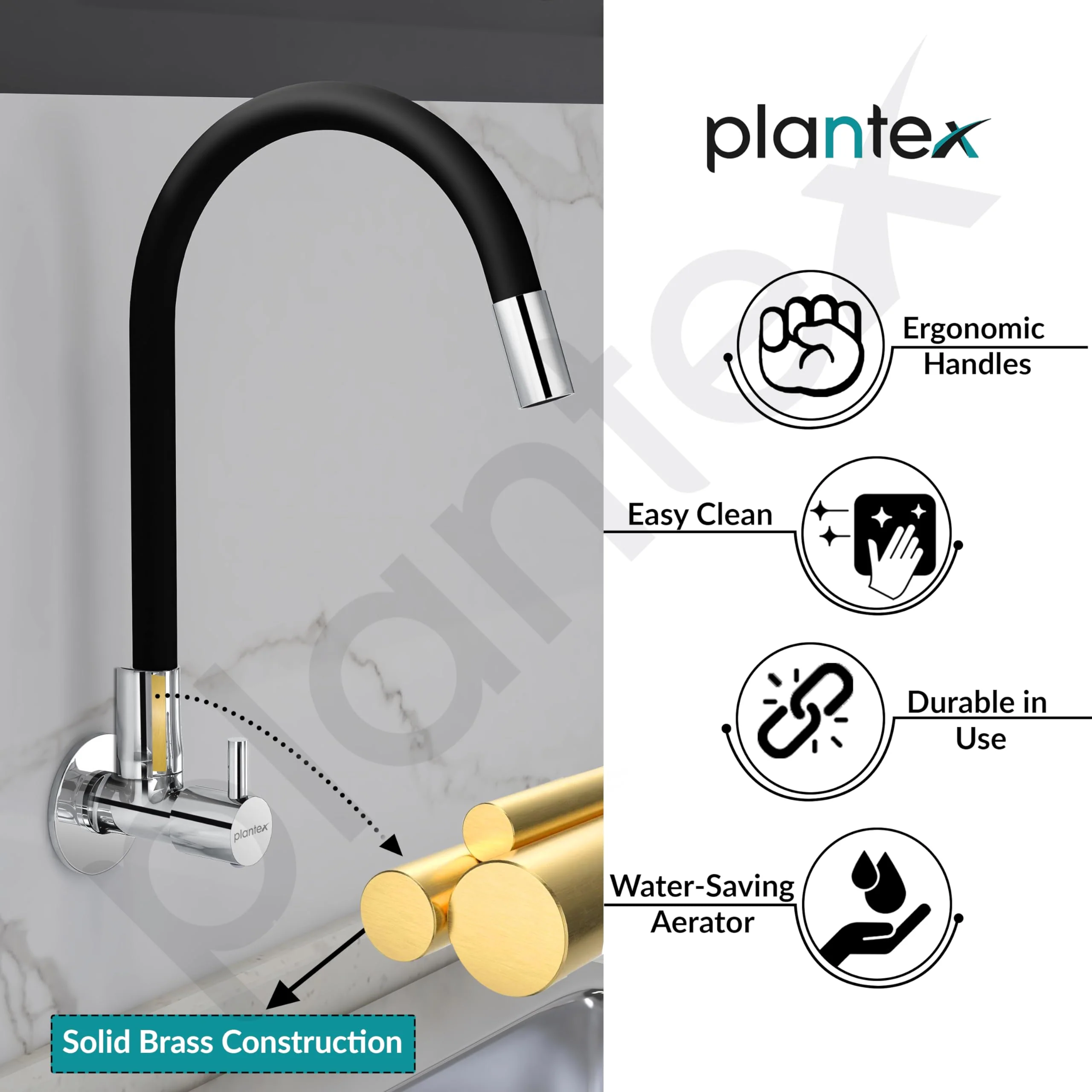 Plantex Pure Brass Flexible Tap for Kitchen Sink with Brass Wall Flange and Teflon Tape/360° Rotating Sink Tap for Kitchen Basin with Water Saving Aerator-7 Year Warranty by Plantex-(ICO-910B) - Image 7