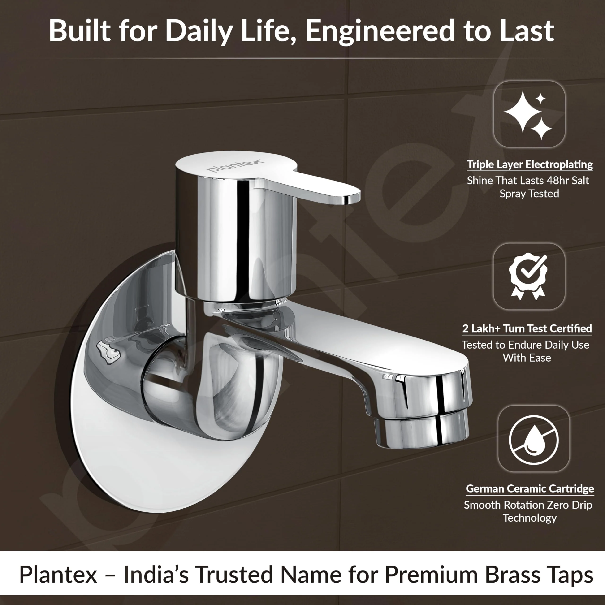 Plantex Pure Brass FLO-801 Bib Cock Water Tap with Water Saving Aerator/Dual Bib Tap with Brass Wall Flange & Teflon Tape for Washbasin with 7-Year Warranty (Mirror Chrome) - Image 3