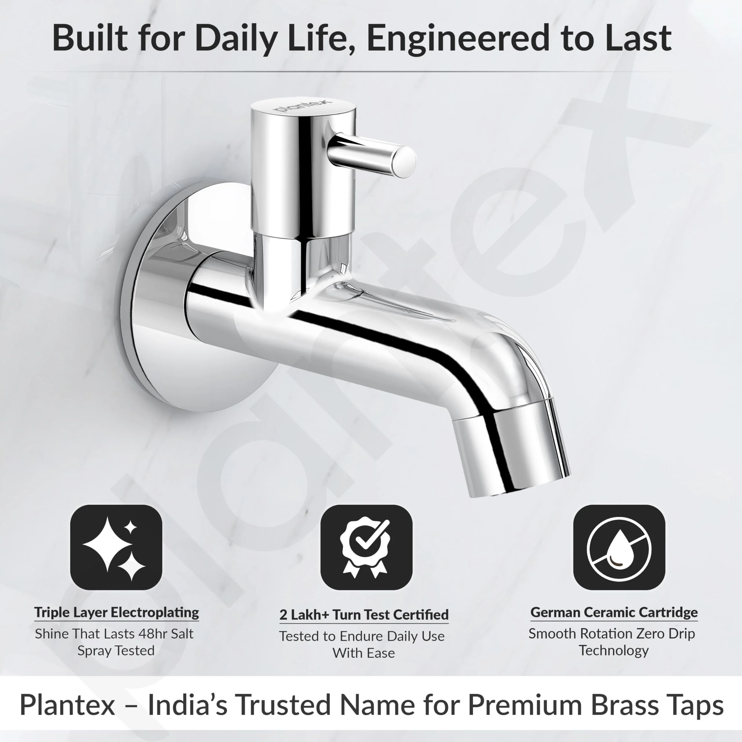 Plantex Pure Brass ICO-902 Bib Cock Water Tap with Water Saving Aerator/Water Tap for Bathroom with Brass Wall Flange and Teflon Tape- 7 Year Warranty (Long Body-Chrome) - Image 2