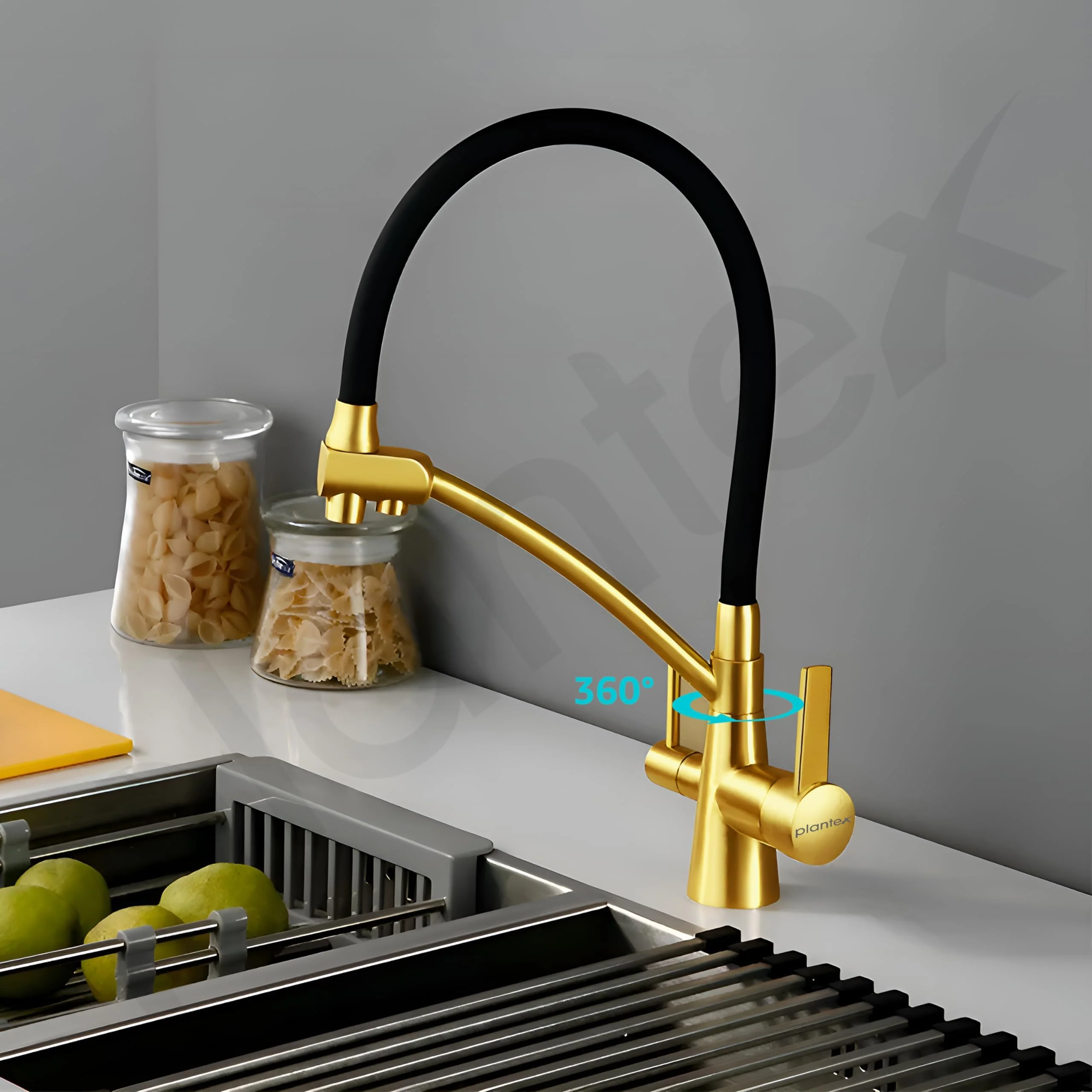 Plantex Pure Brass Kitchen Taps for Home Sink/3-in-1 Sink Mixer Tap with Built-in RO Outlet/360° Swivel Spout with Pull Down Kitchen Faucet-(Gold & Black) - Image 2