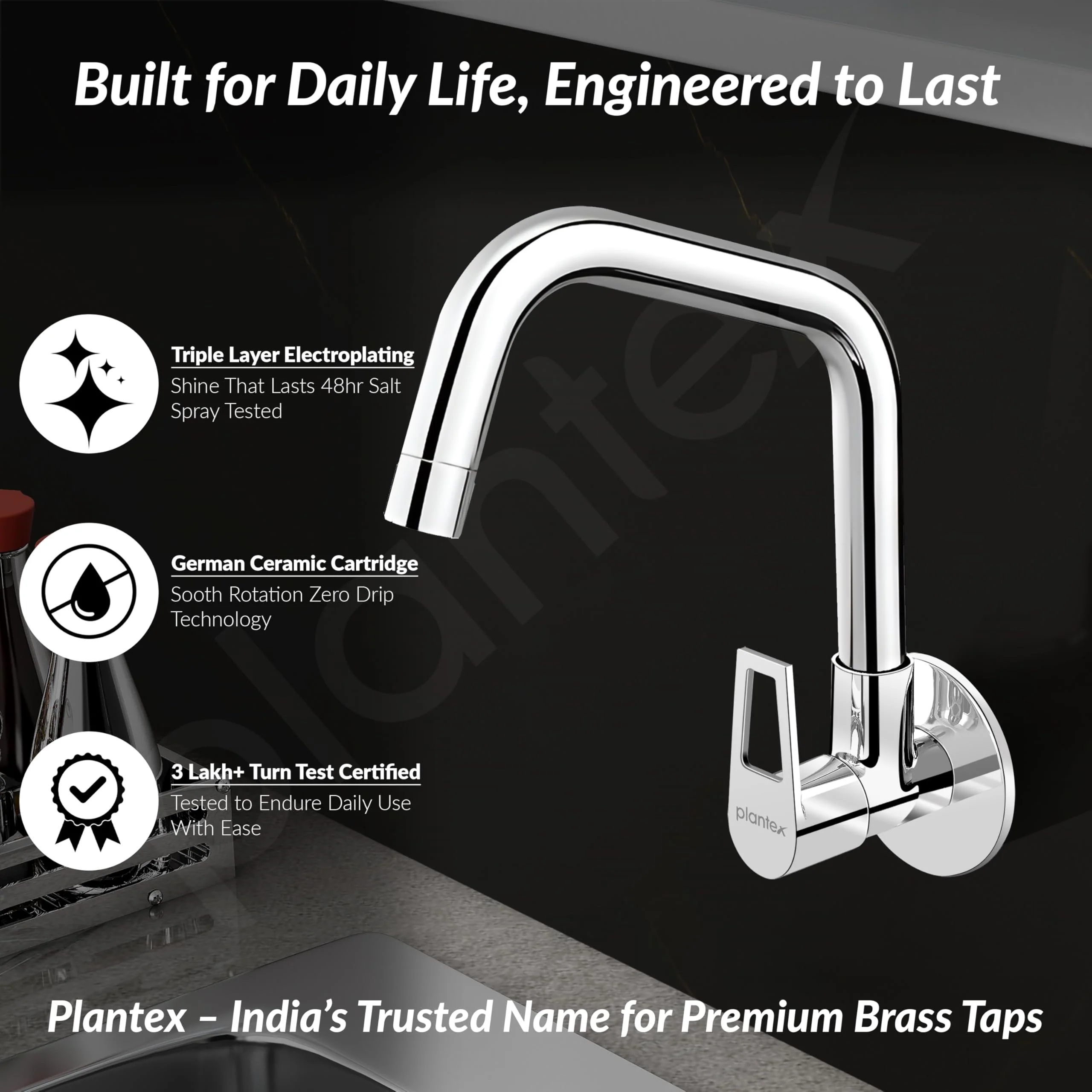 Plantex Pure Brass Kitchen Sink Tap Faucet/Wall Mount Sink Faucet with Wall Flange and Teflon Tape/Water Nal Tap with 360 Swiwel spot with Water Saving nozzel - Pack of 1 (Chrome, 3211) - Image 3