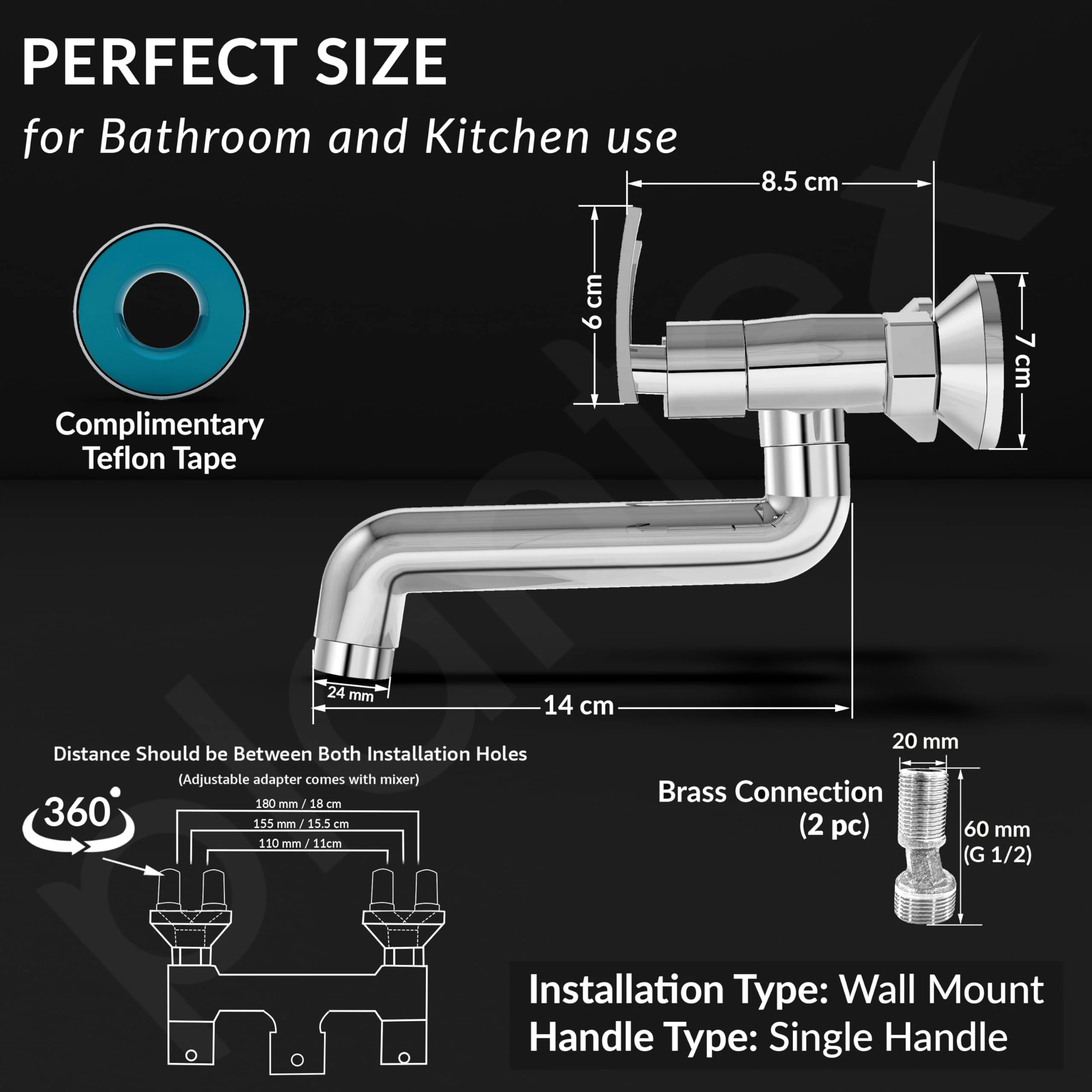 Plantex Pure Brass Non Telephonic Wall Mixer with Water Saving Nozzle/Hot and Cold Water Tap with Brass Wall Flange and Teflon Tape-7 Year Warranty (COL-1016-Chrome) - Image 4