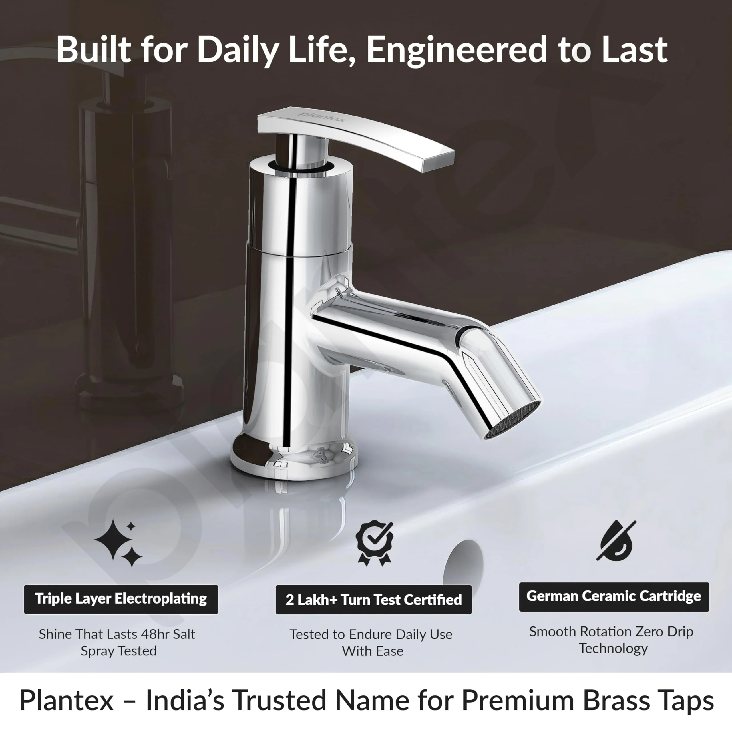Plantex Pure Brass Pillar Tap for Wash Basin with Water Saving Aerator/Tabletop Basin Tap/7 Year Warranty (COL-1003-Mirror Chrome) - Image 2