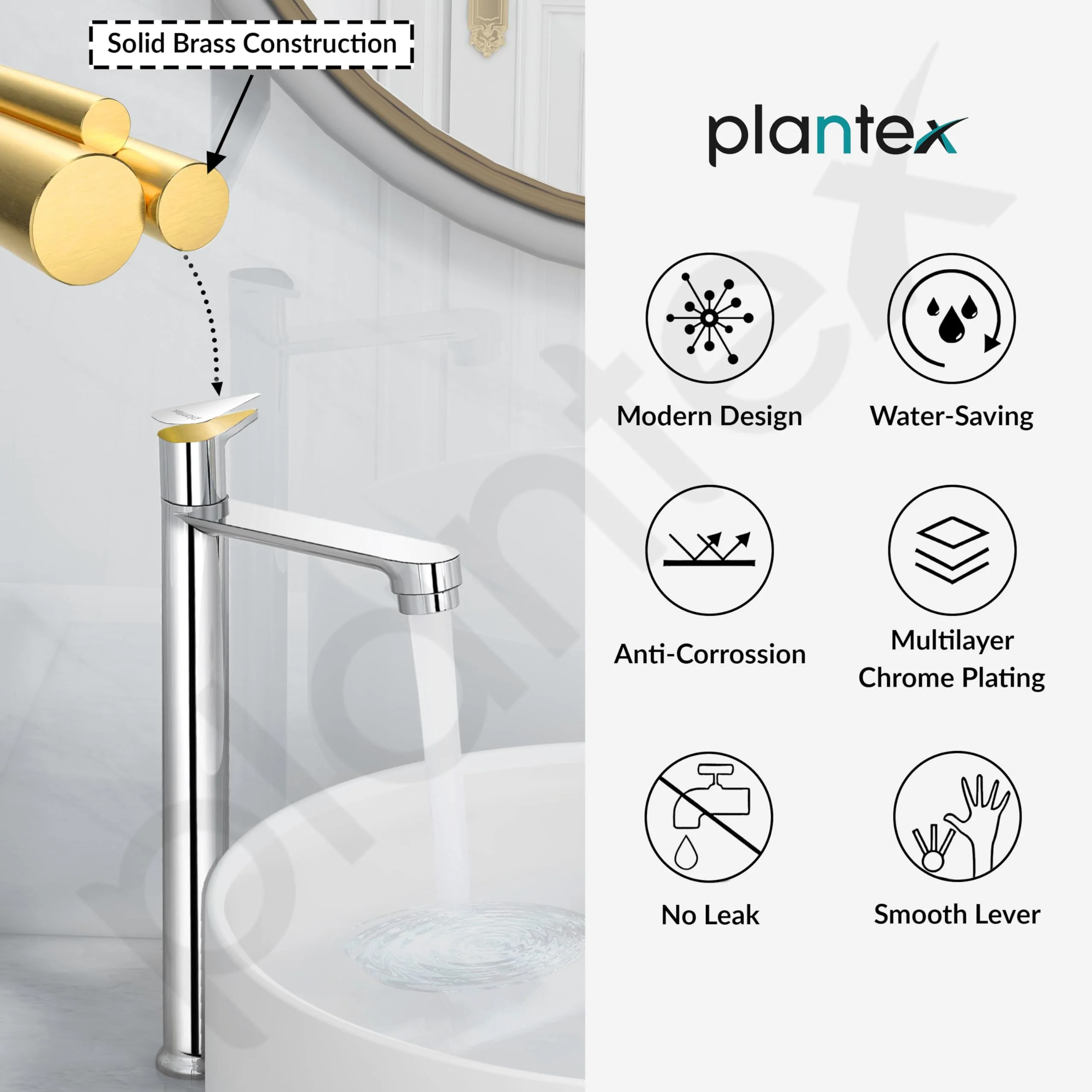 Plantex Pure Brass Pillar Tap for Wash Basin with Water Saving Nozzle/High Neck Wash Basin Tap/Pillar Cocke for Basin with 7 Year Warranty- (PAC-1804-Mirror Chrome) - Image 7