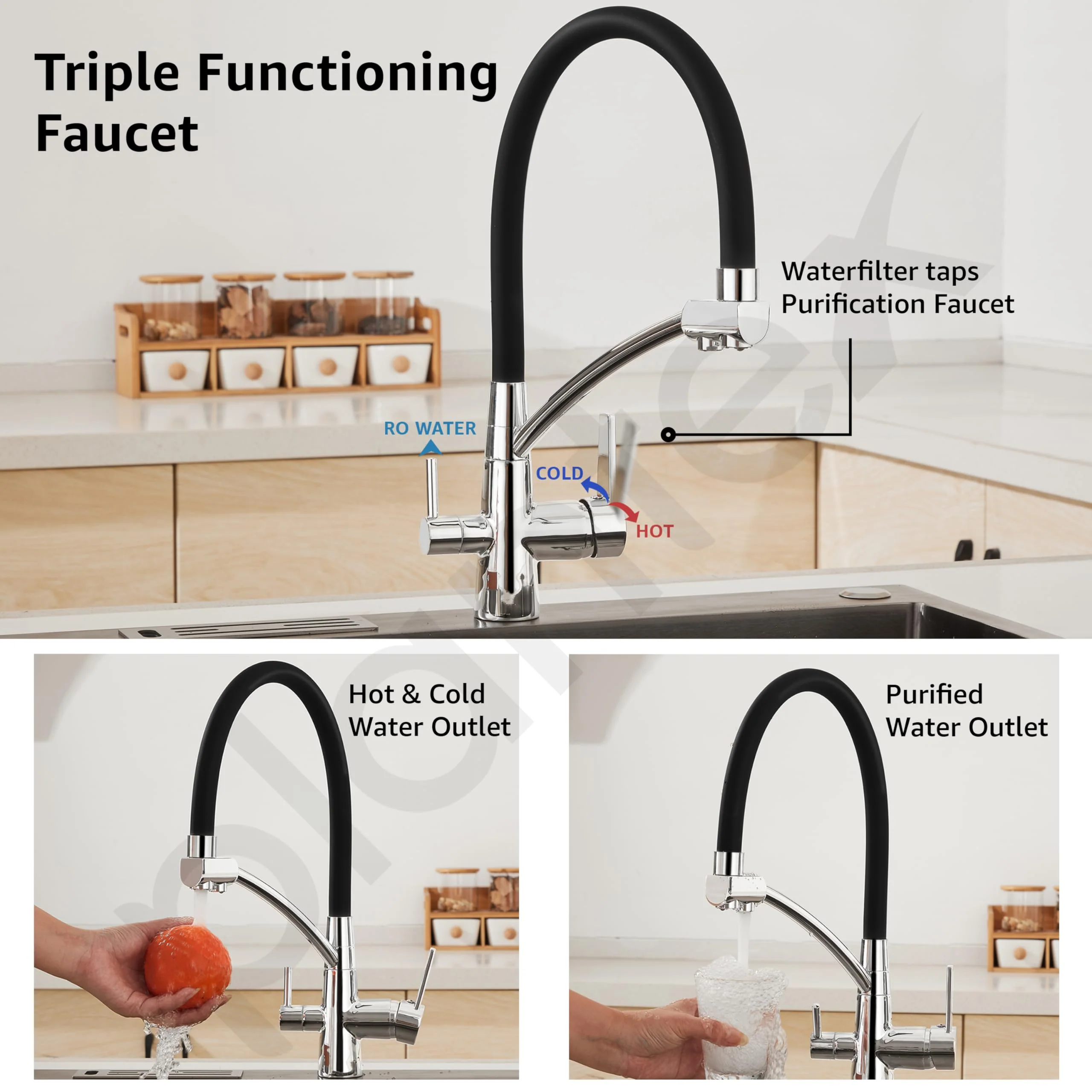 Plantex Pure Brass Sink Mixer Tap Hot and Cold with Built-in RO Outlet/Pull Down Kitchen Sink Faucet with 360° Swivel Spout/Sink Faucet-(2701-Black & Chrome) - Image 2