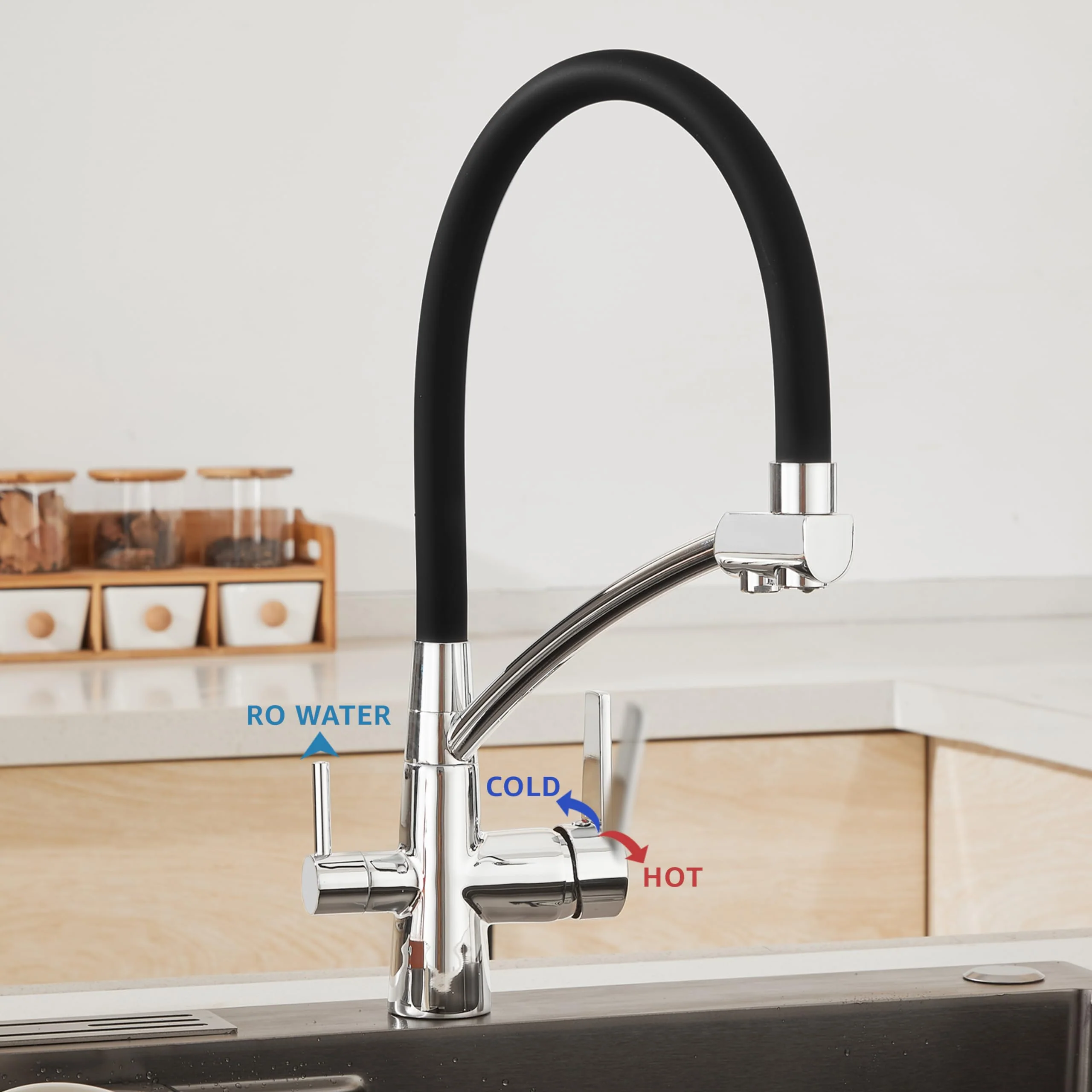 Plantex Pure Brass Sink Mixer Tap Hot and Cold with Built-in RO Outlet/Pull Down Kitchen Sink Faucet with 360° Swivel Spout/Sink Faucet-(2701-Black & Chrome) - Image 3