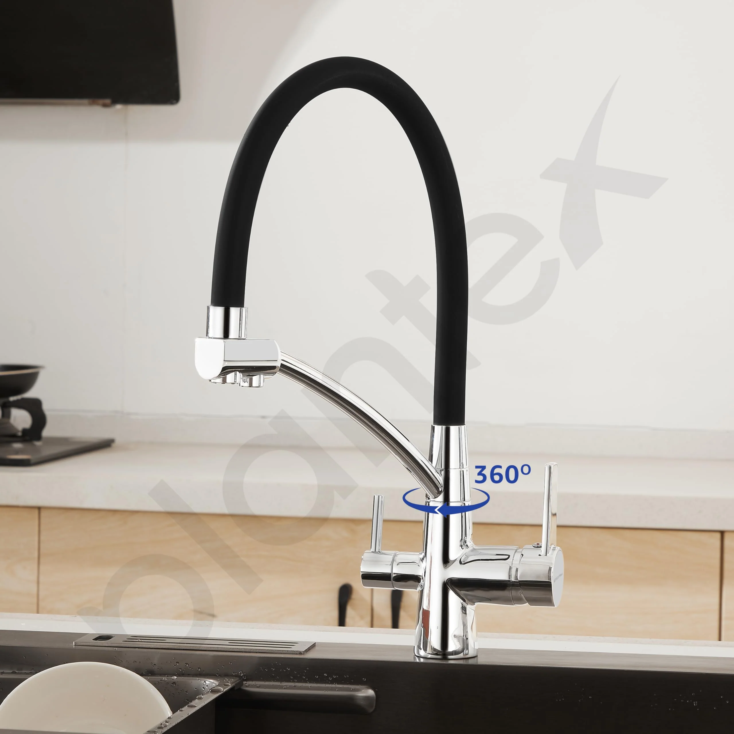 Plantex Pure Brass Sink Mixer Tap Hot and Cold with Built-in RO Outlet/Pull Down Kitchen Sink Faucet with 360° Swivel Spout/Sink Faucet-(2701-Black & Chrome) - Image 5