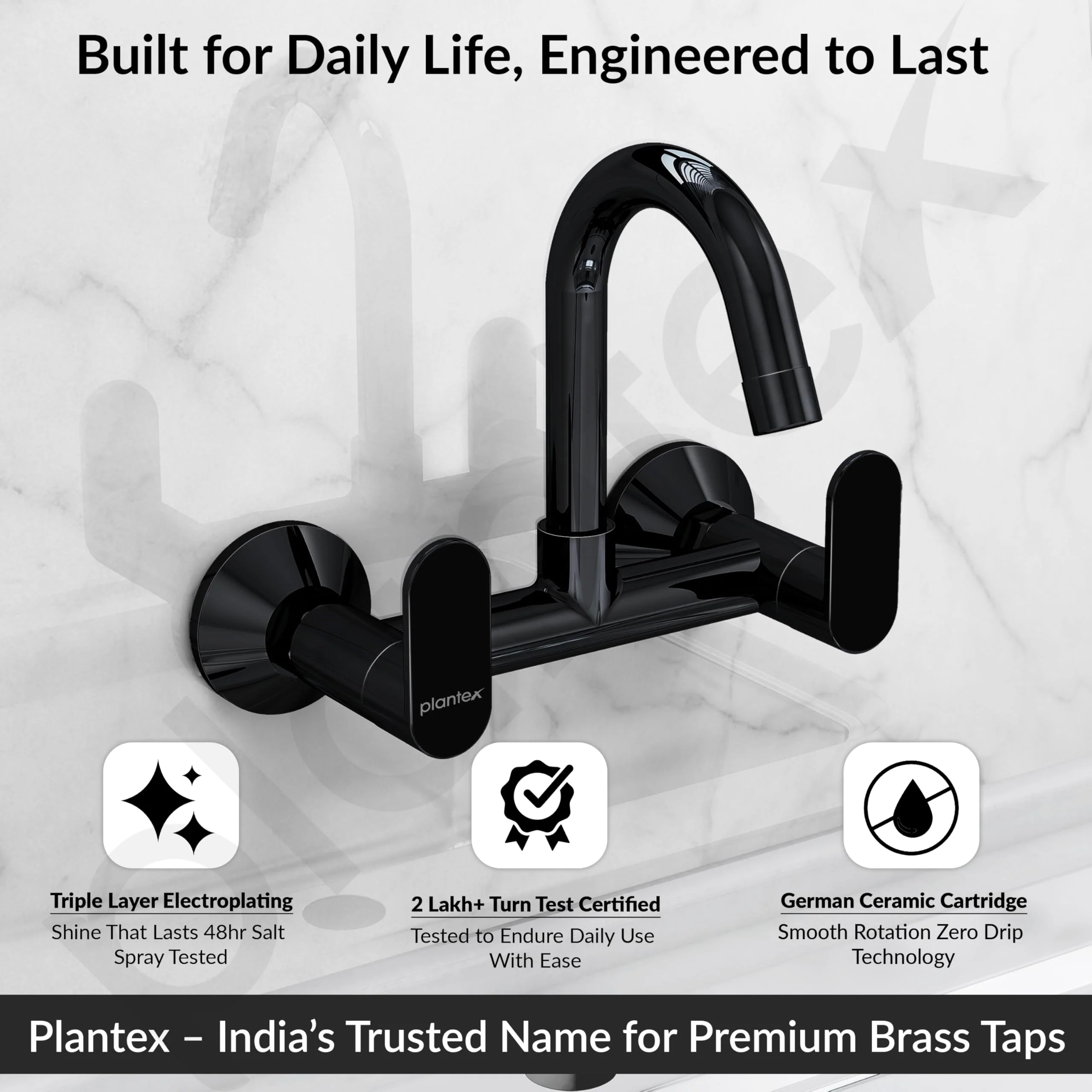Plantex Pure Brass Sink Mixer Tap Hot and Cold with Water Saving Aerator/360° Swivel Spout fo Sink Tap with Brass Wall Flange -7 Year Warranty by Plantex (ORN-214-Black) - Image 2