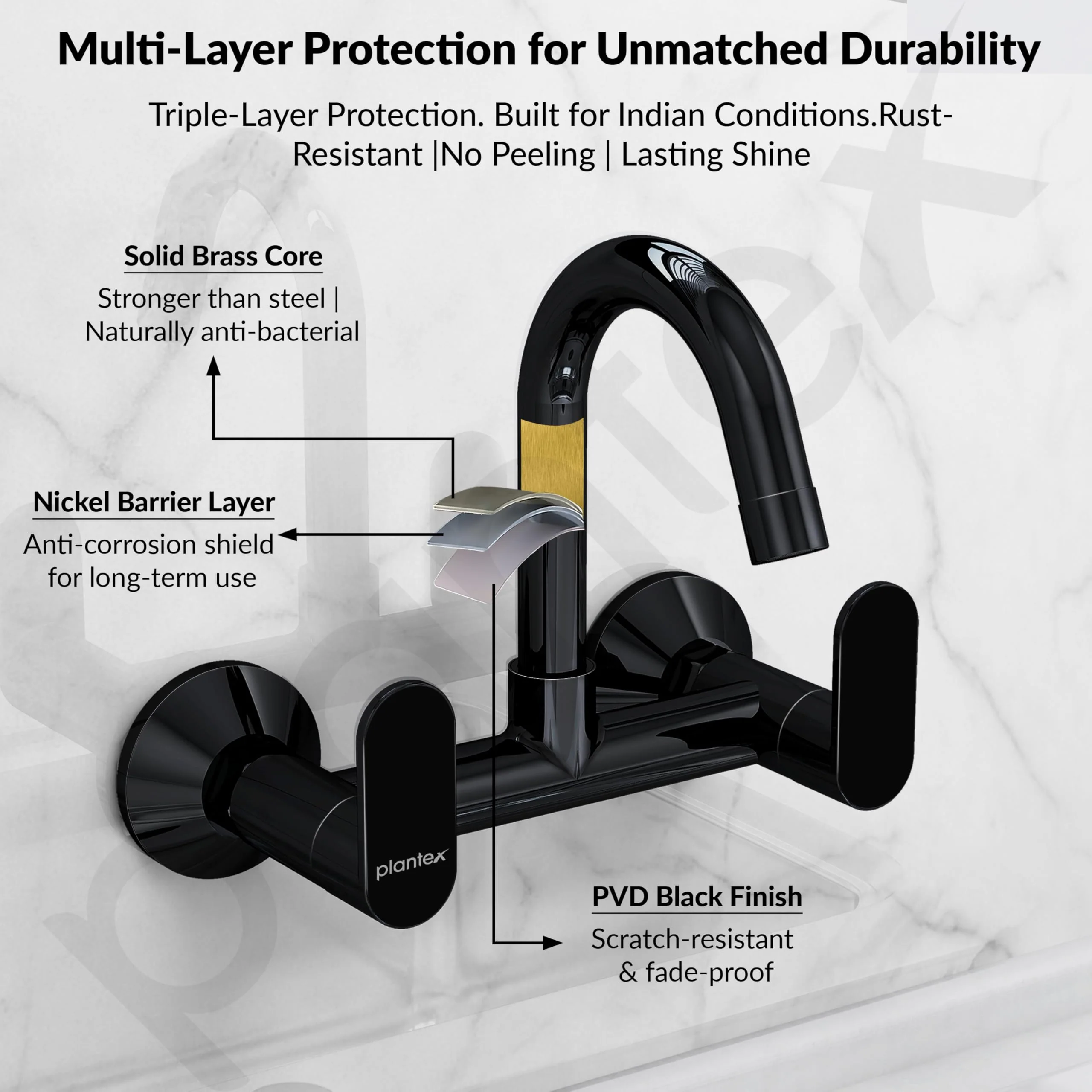 Plantex Pure Brass Sink Mixer Tap Hot and Cold with Water Saving Aerator/360° Swivel Spout fo Sink Tap with Brass Wall Flange -7 Year Warranty by Plantex (ORN-214-Black) - Image 4