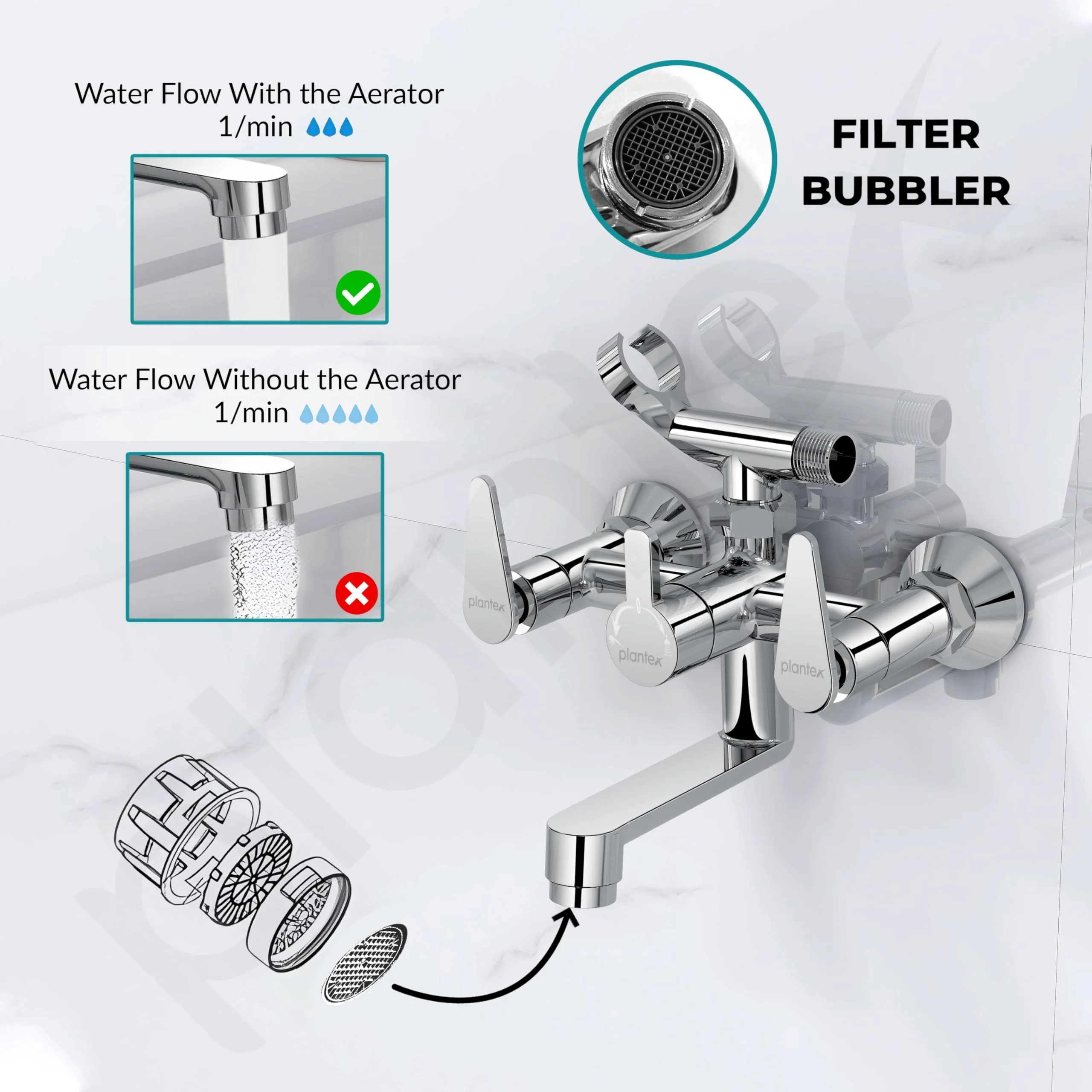 Plantex Pure Brass Telephonic Wall Mixer with Crutch Arranging of Hot & Cold Water with Water Saving Nozzle for Bathroom with Brass Wall Flange -(LEA-717-Chrome) - Image 6