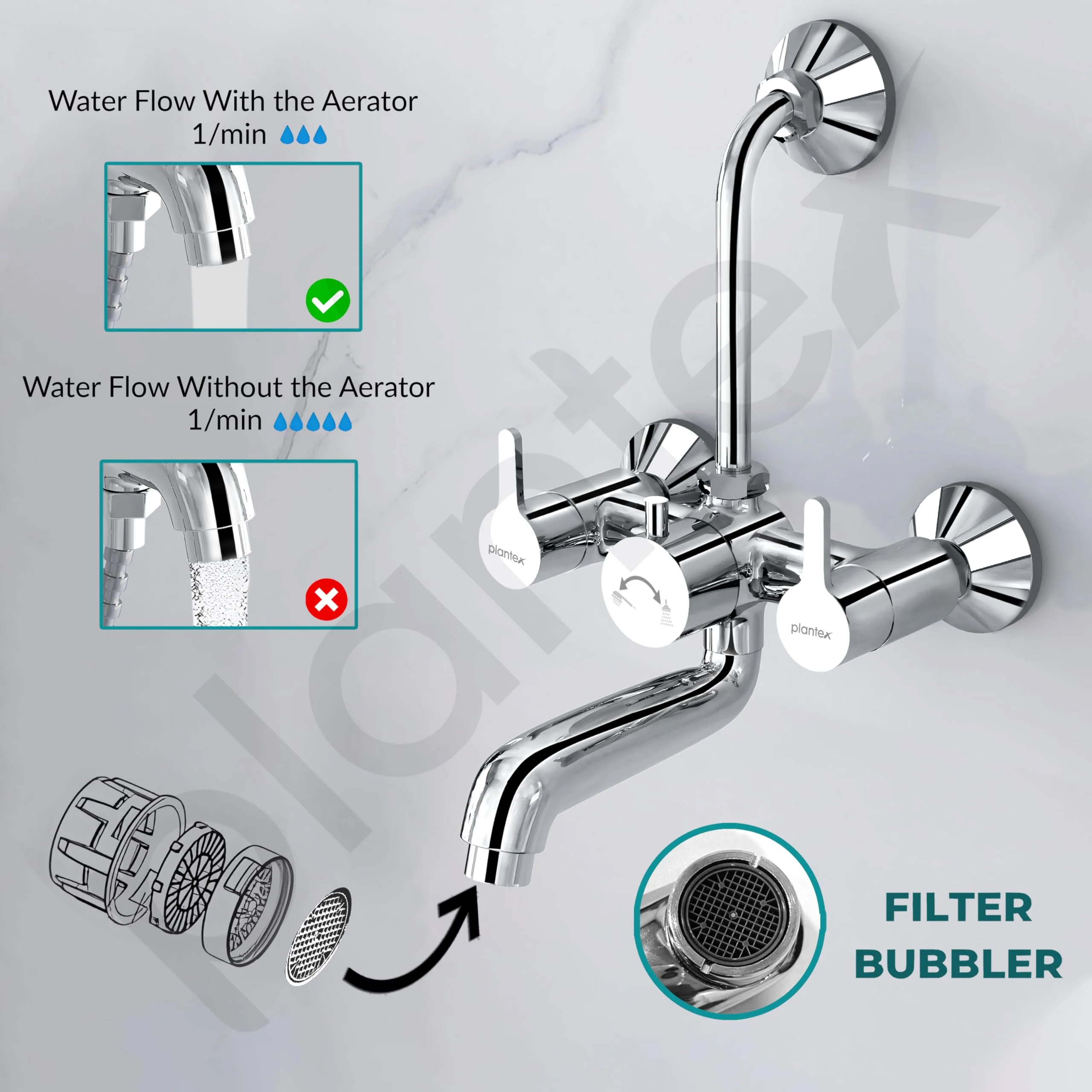 Plantex Pure Brass Wall Mixer for Bathroom 2 in 1 with L-Bend Provision for Overhead Shower/Mixer Tap for Bathroom with Water Saving Nozzle Aerator - 7 Year Warranty by Plantex (Ore-1420, Chrome) - Image 6