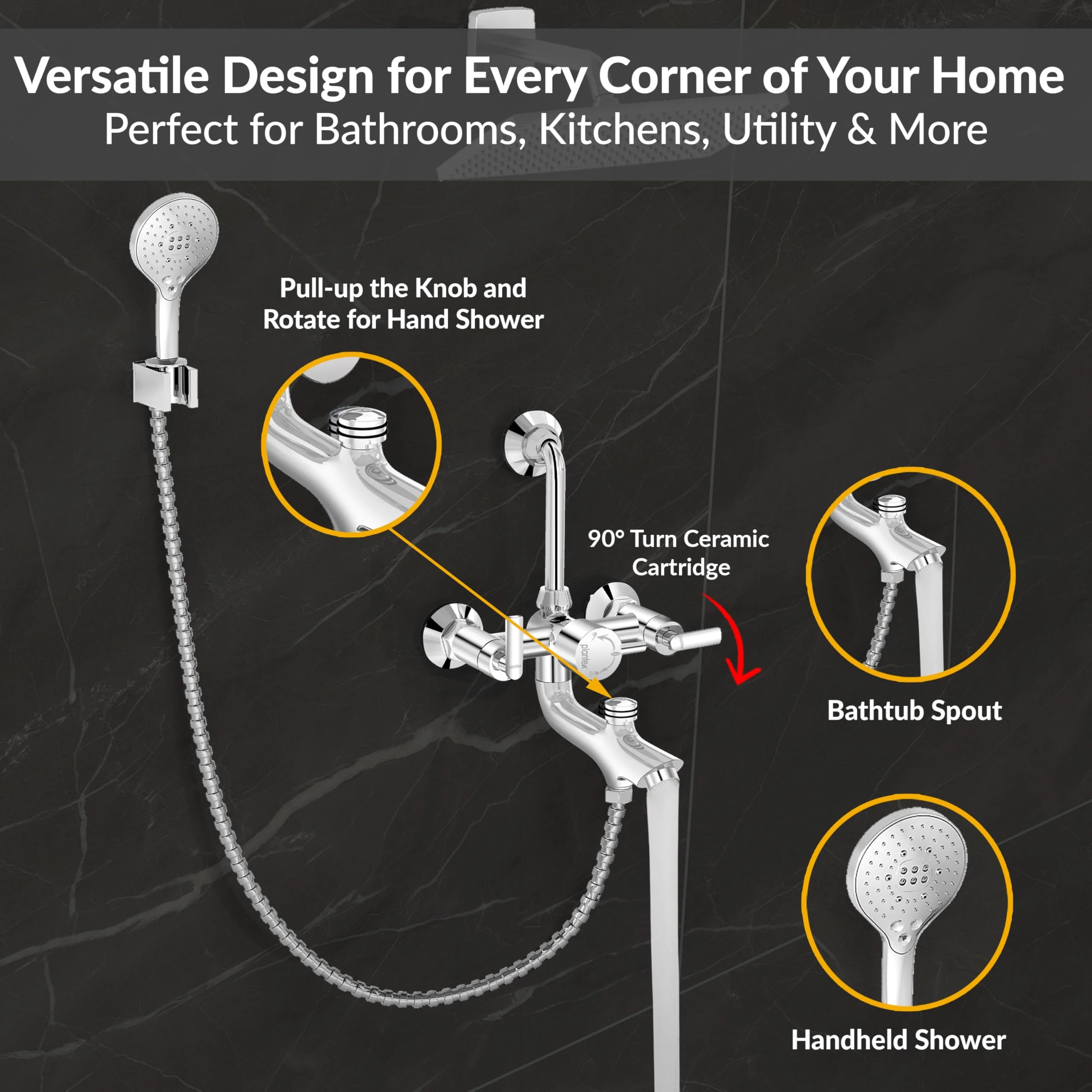 Plantex Pure Brass Wall Mixer for Bathroom 3 in 1 with L-Bend Provision for Overhead and Hand Shower/Mixer Tap for Bathroom with Water Saving Nozzle and Brass Wall Flange (Bal-519-Chrome) - Image 6